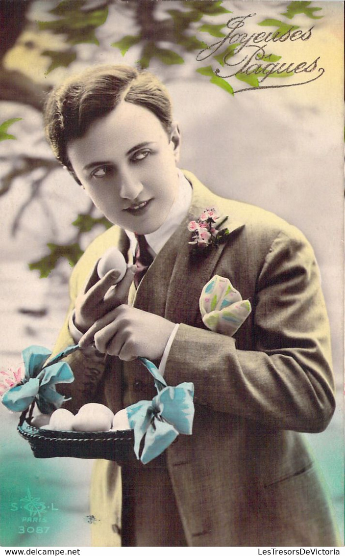 Pâques - Joyeuses Pâques - Homme Avec Un Panier D'oeufs Et Noeud Bleu - Carte Postale Ancienne - Easter