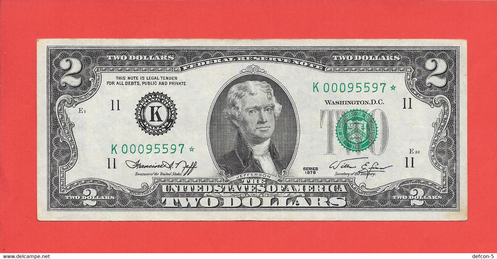 Mega Top-Rarität ! STAR-Note: 2 US-Dollar [1976] > K00095597* < 1. Lauf Mit 1.280.000   {$002-002} - Valuta Nazionale