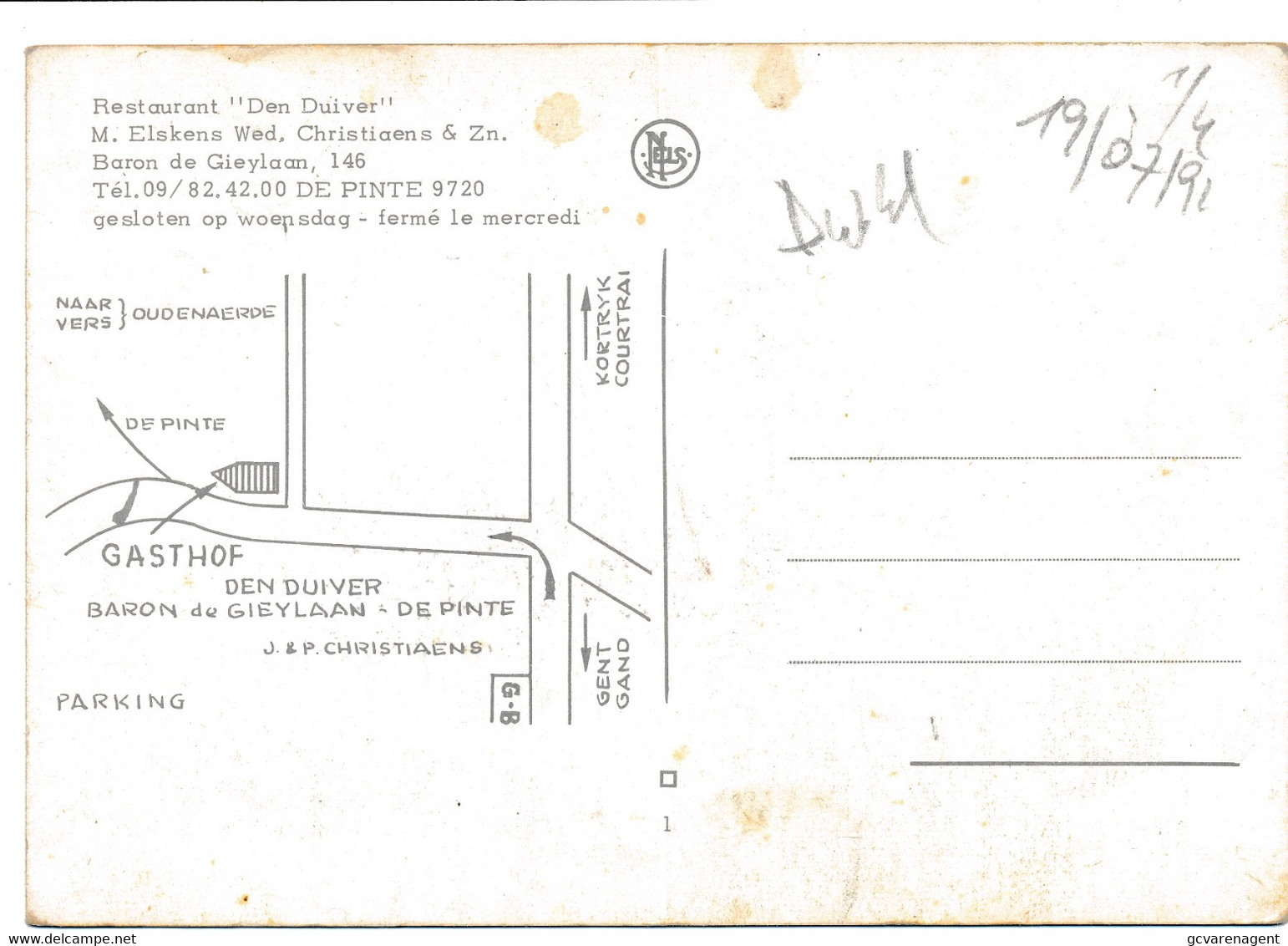 DE PINTE  RESAURANT DEN DUIVER   BARON DE GIEYLAAN 146           ZIE SCANS - De Pinte