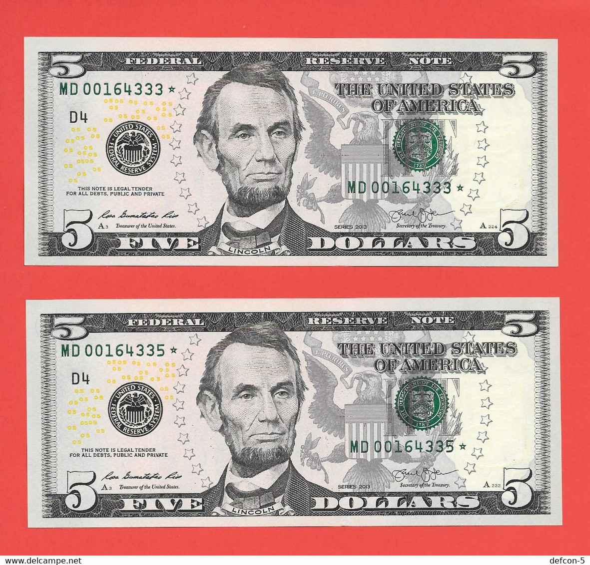 Mega Top-Rarität ! STAR-Note: 2x5 US-Dollar Gleiche Serie[2013] > MD00164333* + - ..35* < 1. Lauf Mit 320.000 {$009-005} - Nationale Valuta