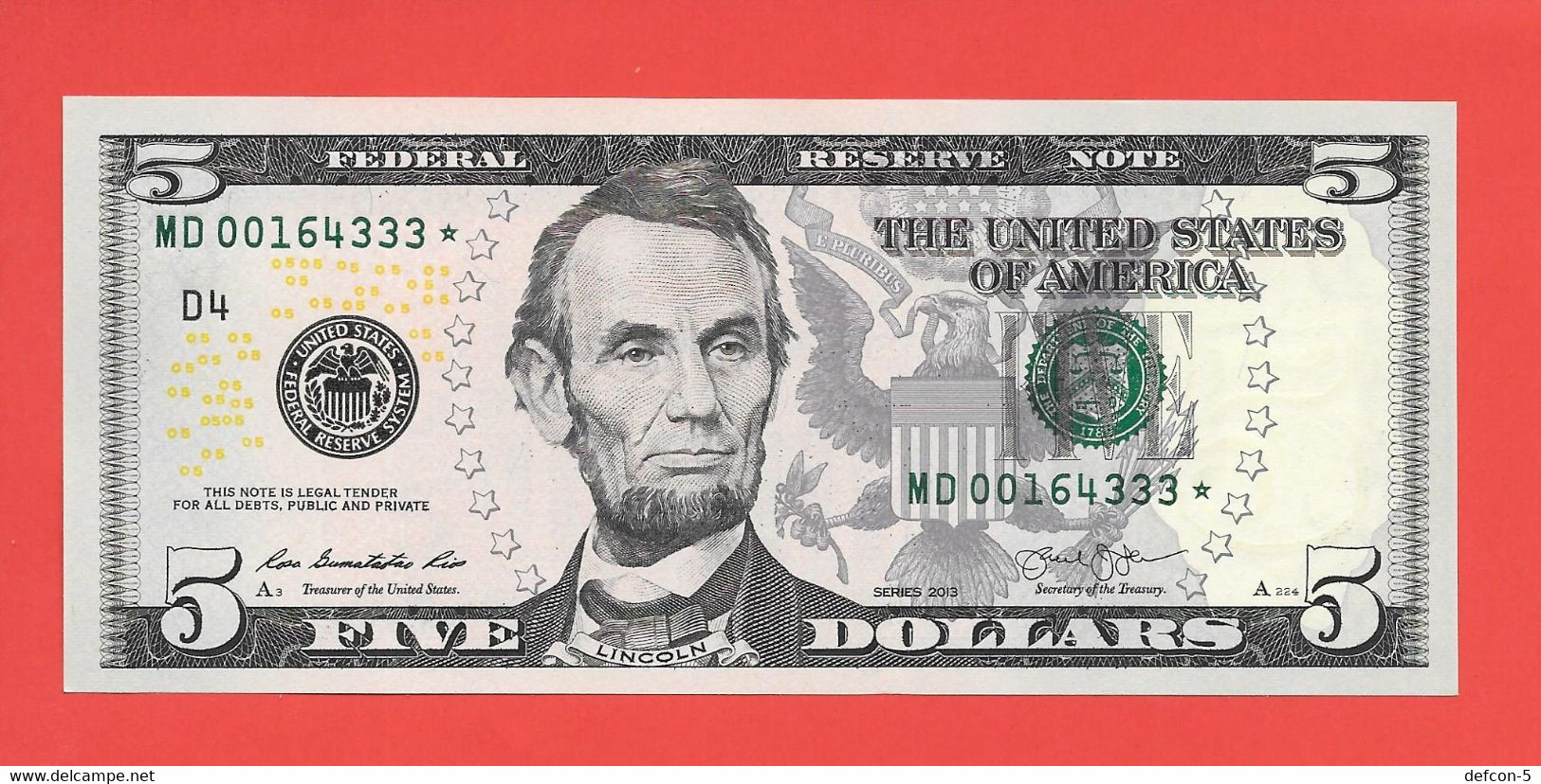 Mega Top-Rarität ! STAR-Note: 2x5 US-Dollar Gleiche Serie[2013] > MD00164333* + - ..35* < 1. Lauf Mit 320.000 {$009-005} - National Currency