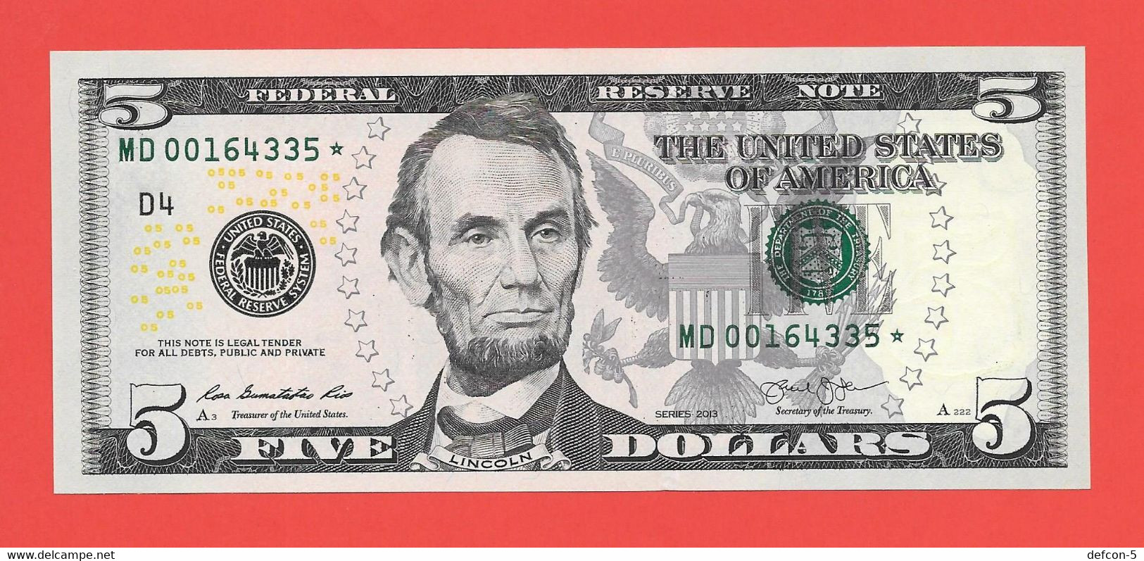 Mega Top-Rarität ! STAR-Note: 2x5 US-Dollar Gleiche Serie[2013] > MD00164333* + - ..35* < 1. Lauf Mit 320.000 {$009-005} - National Currency