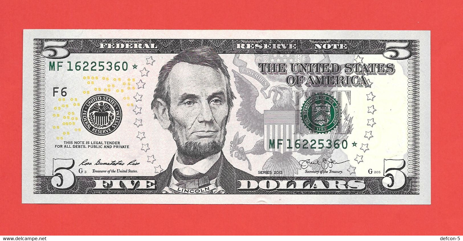 Mega Top-Rarität ! STAR-Note: 5 US-Dollar [2013] > MF16225360* < 6. Lauf Mit 320.000 {$019-005} - National Currency