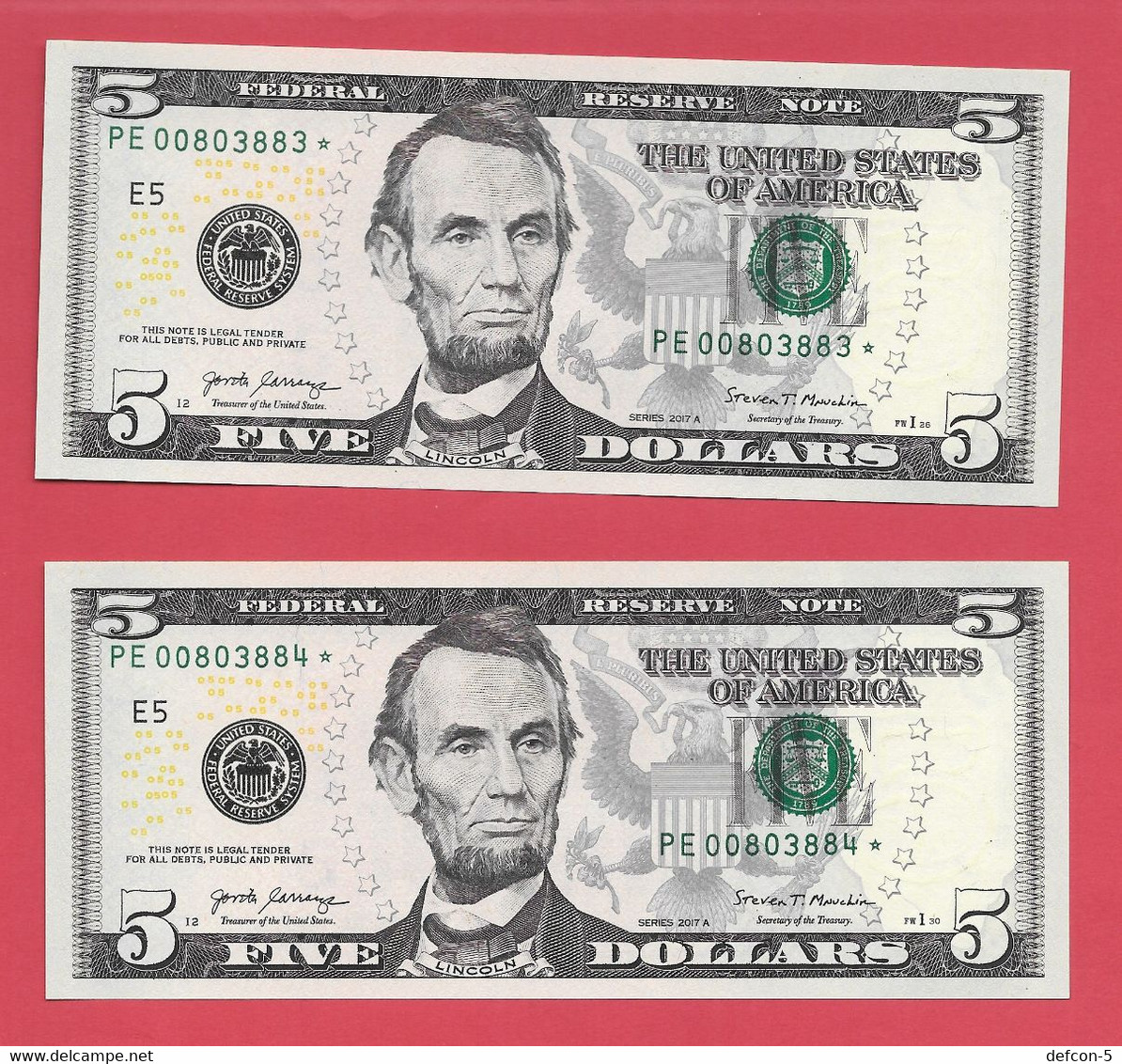 Rarität ! STAR-Note: 2x5 US-Dollar [2017] > PE00803883* - ...84* < 1 Lauf Mit 3.200.000 {$023-005} - Nationale Valuta