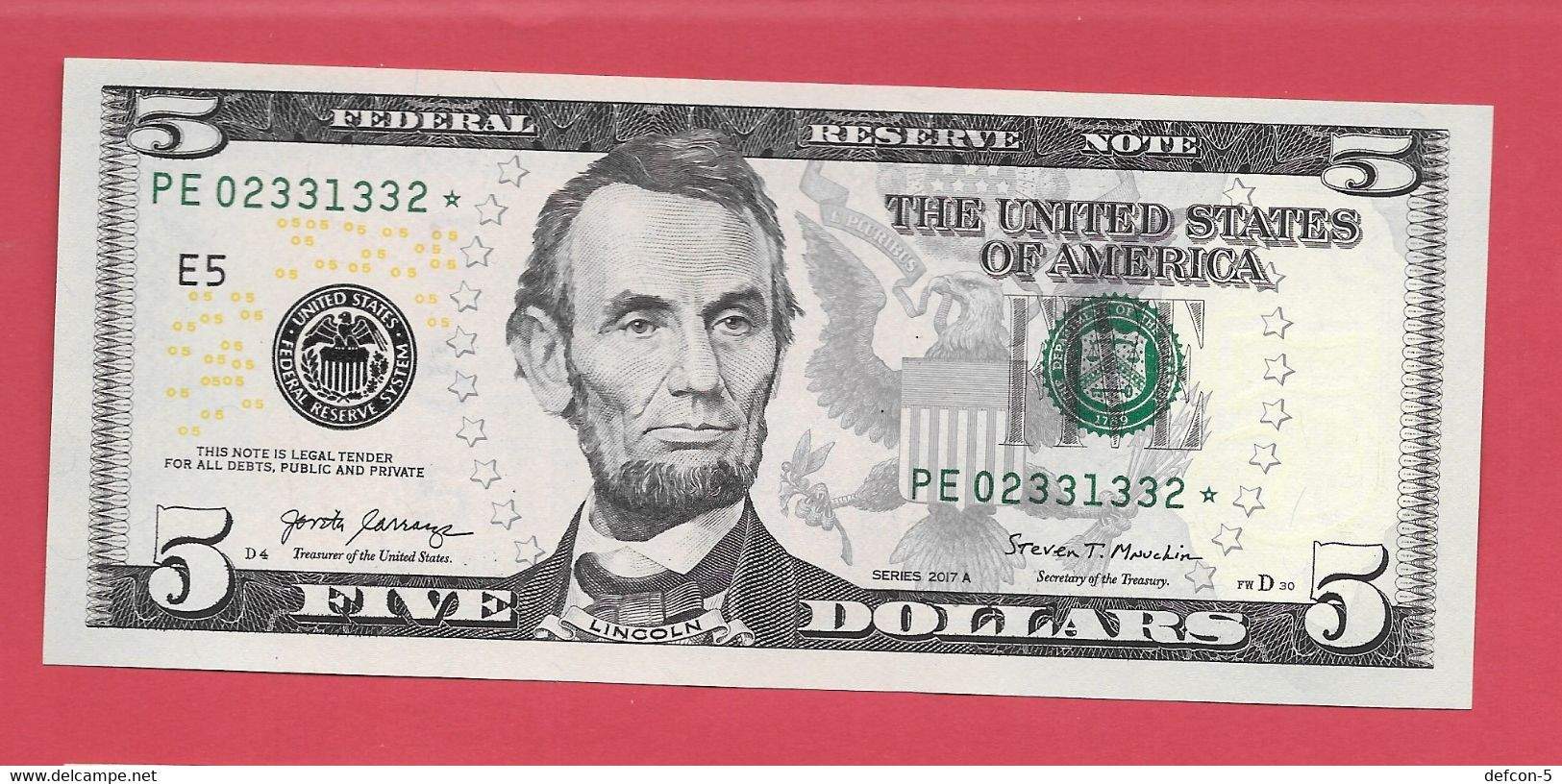 Rarität ! STAR-Note: 2x5 US-Dollar [2017] > PE02331332* - ...33* < 1 Lauf Mit 3.200.000 {$024-005} - Devise Nationale