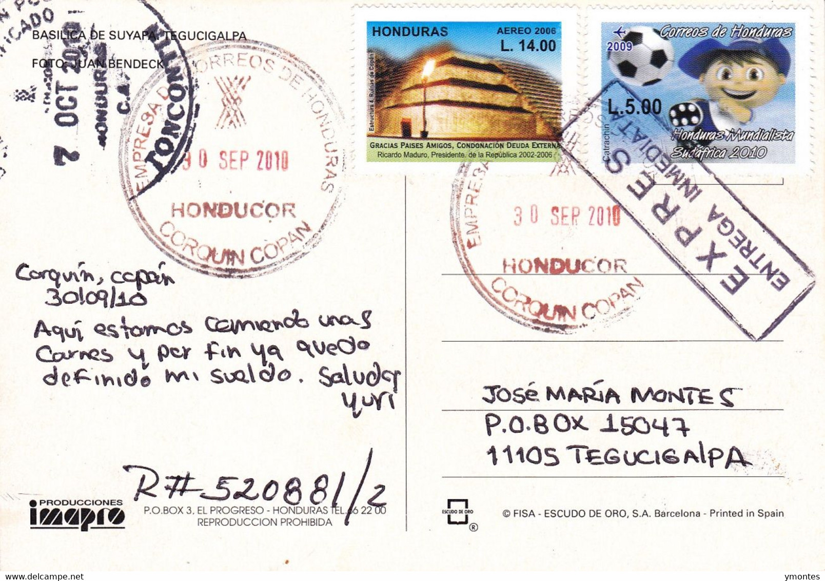 Circulated Corquin To Tegucigalpa 2010, Worl Soccer South Africa 2010 Stamp - Honduras