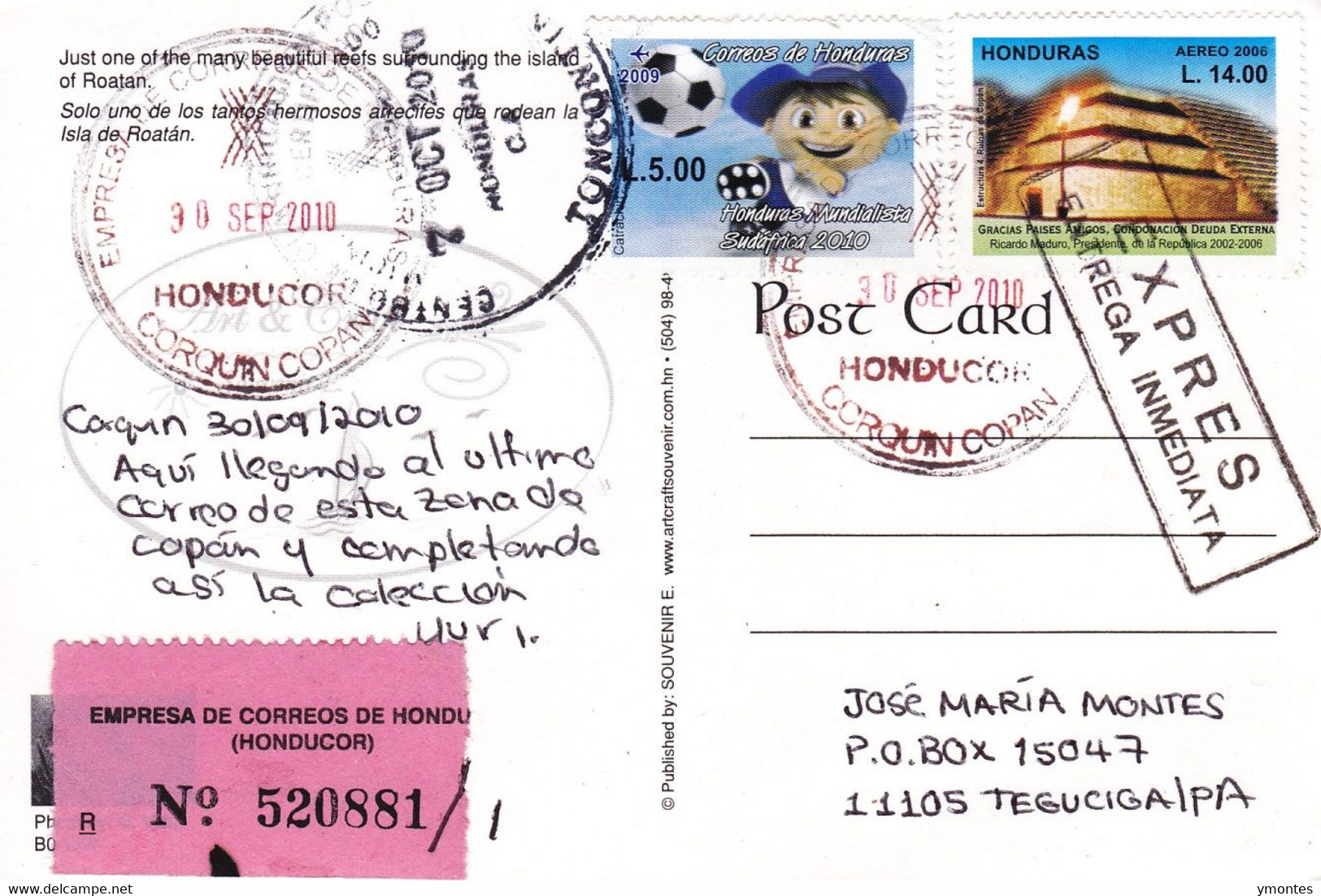 Circulated Corquin To Tegucigalpa 2010, Worl Soccer South Africa 2010 Stamp - Honduras