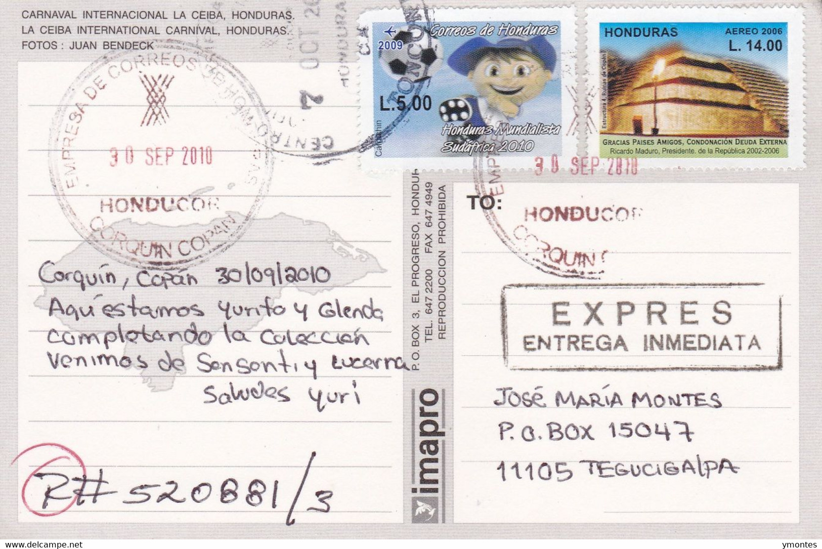 Circulated Corquin To Tegucigalpa 2010, Worl Soccer South Africa 2010 Stamp - Honduras