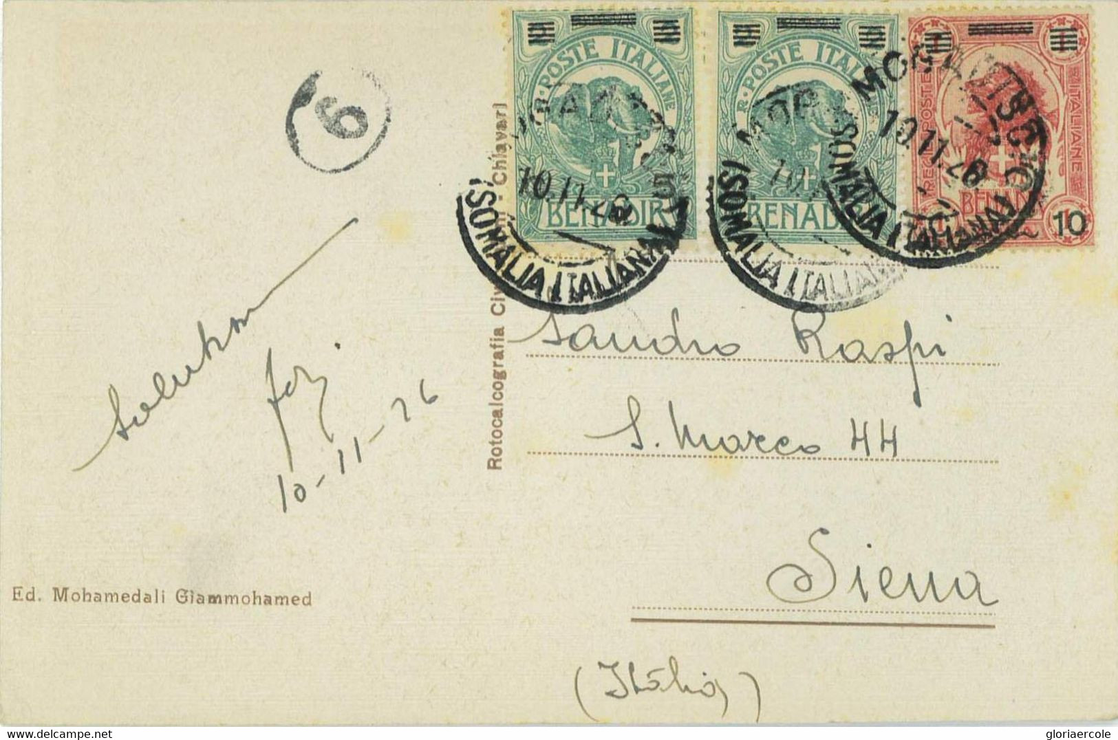 PO299 - SOMALIA ITALIANA - Storia Postale - SASSONE 74*2 + 75 Su CARTOLINA 1926 - Somalië