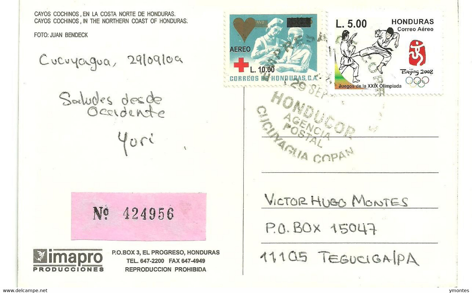 Circulated Cucuyagua To Tegucigalpa 2009, Olympic Games Beijing 2008 Stamp - Honduras