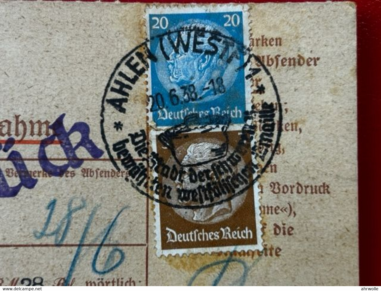 AK Nachnahme Ahlen Westfalen Nach Berlin Schöneberg Sonderstempel 1938 Stempel Zurück - Ahlen