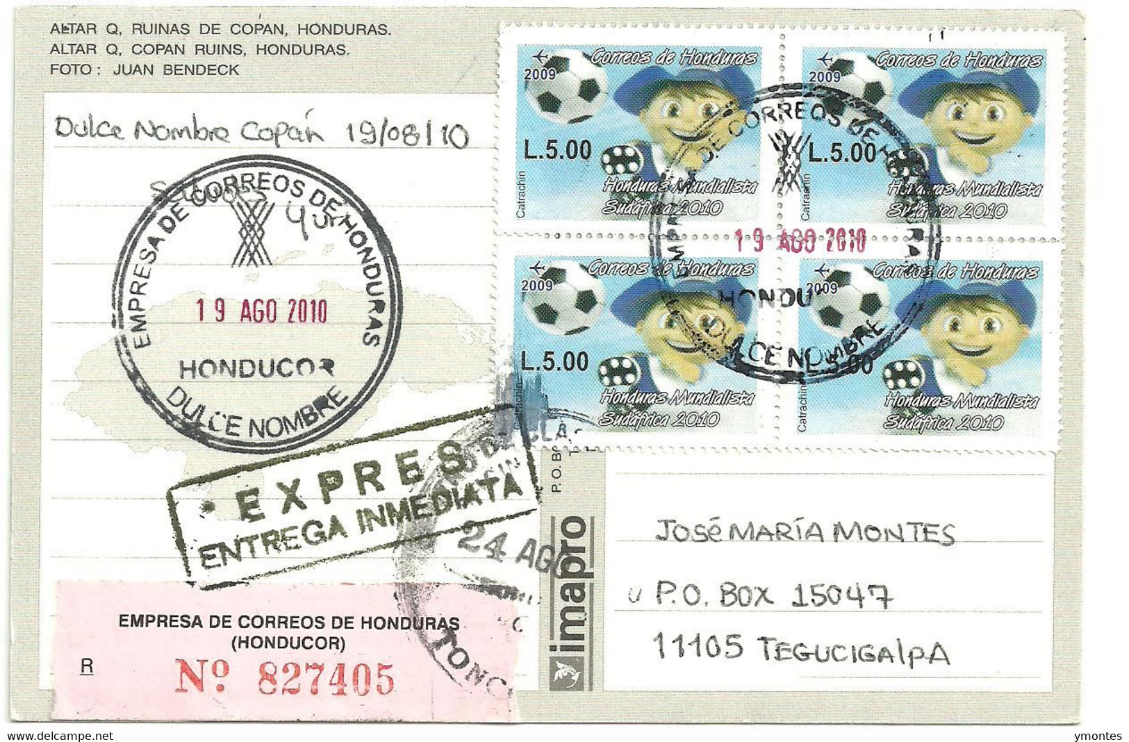 Circulated Dulce Nombre Copan To Tegucigalpa 2010, World Soccer South Africa 2010 Stamp - Honduras