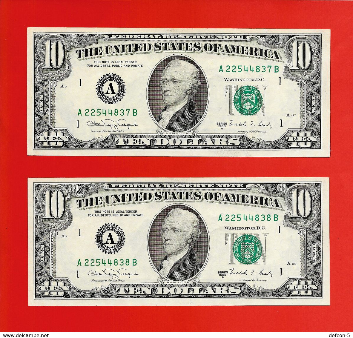 Rarität ! 2 X10 US-Dollar Fortlaufend [1988] > A 22544837 B / ...38 B < {$002-010N} - Billets De La Federal Reserve (1928-...)