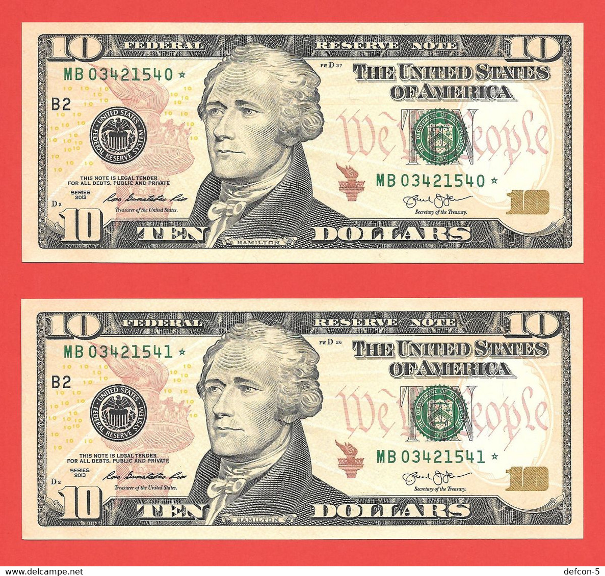 Mega Top-Rarität ! STAR-Note: 2x 10 US-Dollar Fortlaufend [2013] > MB03421540-...41* < 2. Lauf Mit 640.000 {$004-010} - Nationale Valuta