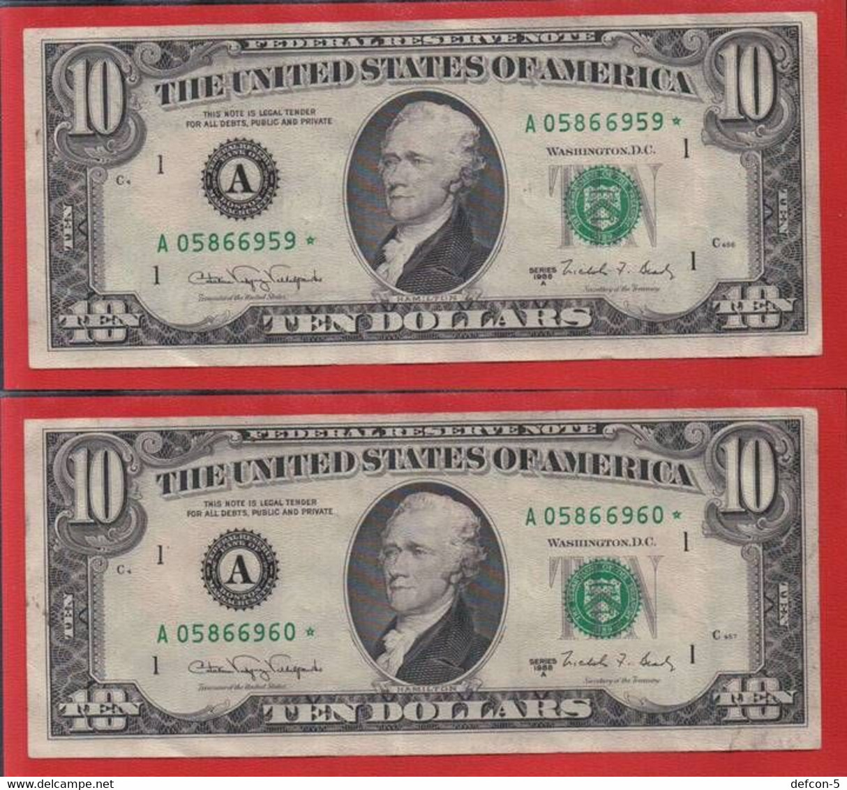 Top-Rarität ! STAR-Note: 2x 10 US-Dollar Fortlaufend [1988] > A05866959-...60* < 2. Lauf Mit 3.200.000 {$006-010} - Billets De La Federal Reserve (1928-...)