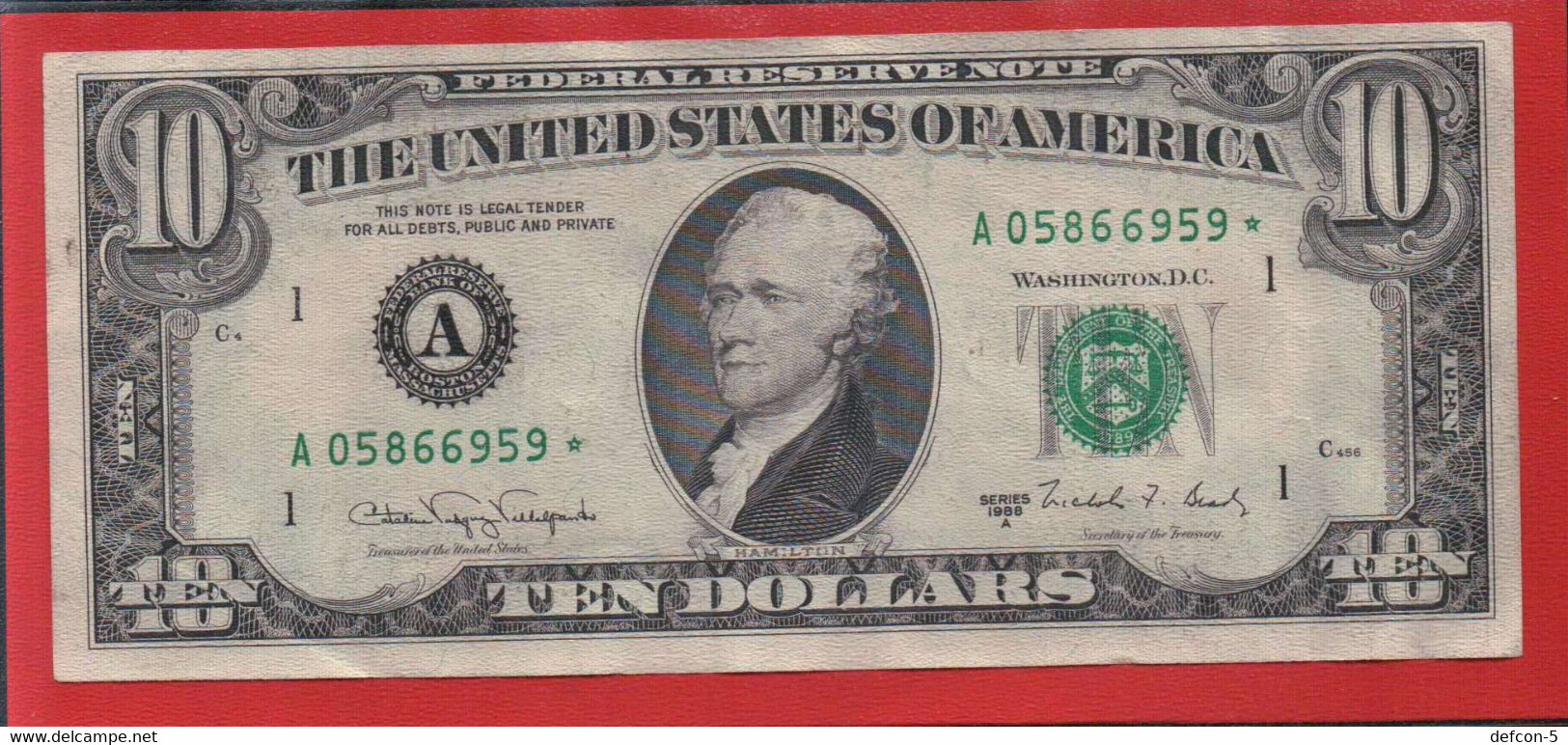 Top-Rarität ! STAR-Note: 2x 10 US-Dollar Fortlaufend [1988] > A05866959-...60* < 2. Lauf Mit 3.200.000 {$006-010} - Billetes De La Reserva Federal (1928-...)