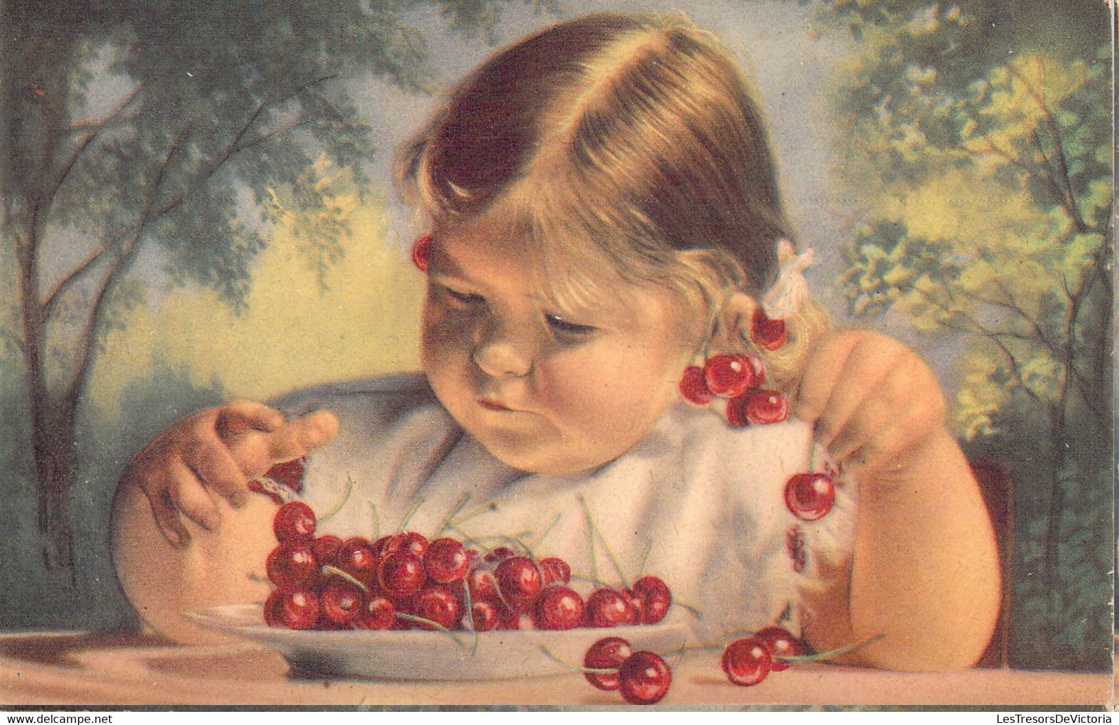 Illustration Non Signée - Enfant Joue à Compter Les Cerises - Fillette Blonde - Carte Postale Ancienne - Abbildungen