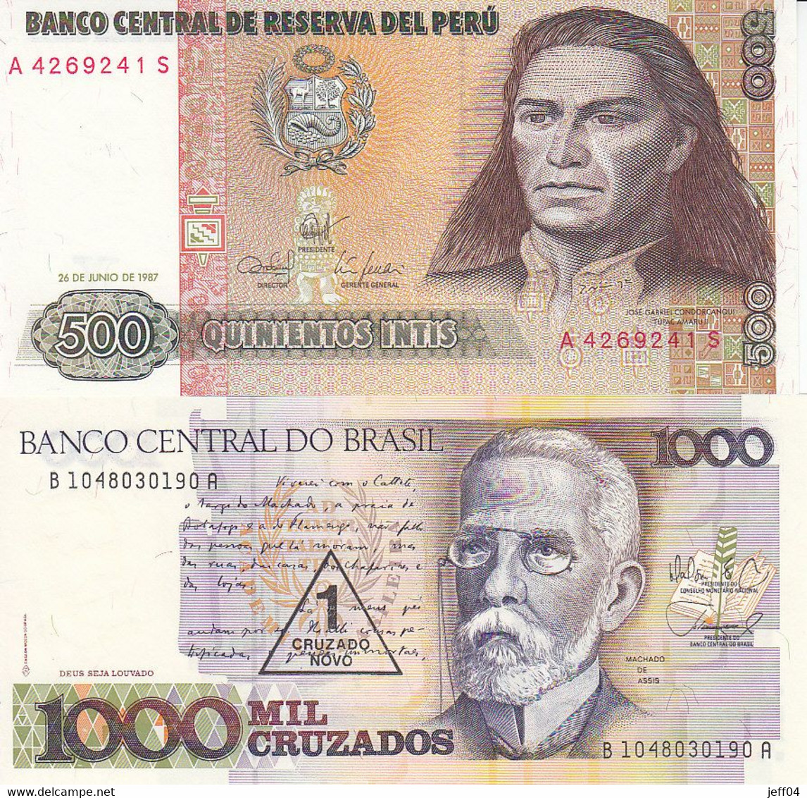 2 BILLETS NEUFS 500 INTIS PEROU ET 1000 CRUZADOS BRESIL - Autres - Amérique