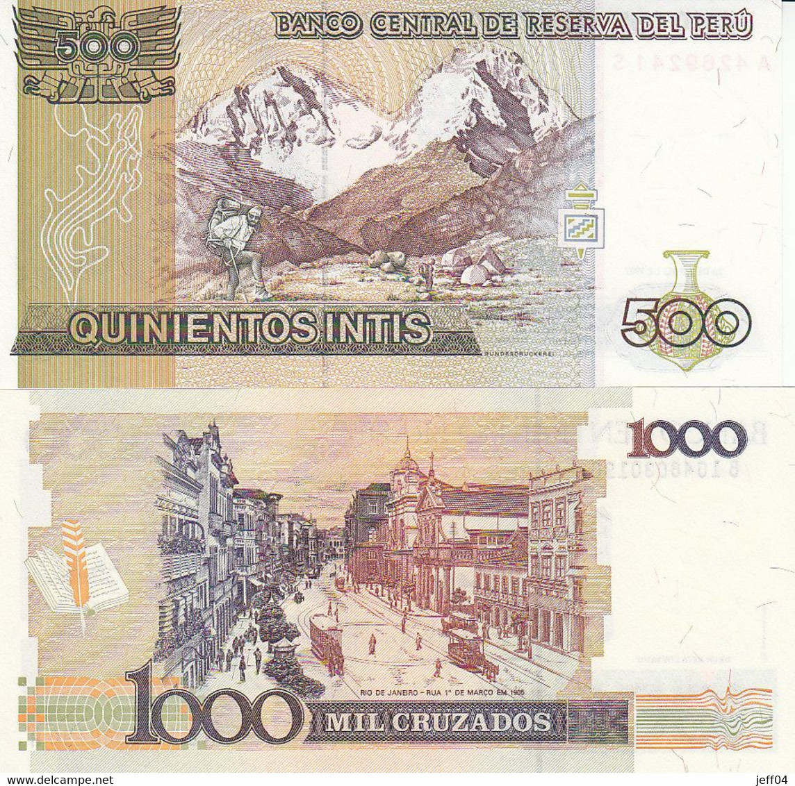 2 BILLETS NEUFS 500 INTIS PEROU ET 1000 CRUZADOS BRESIL - Altri – America