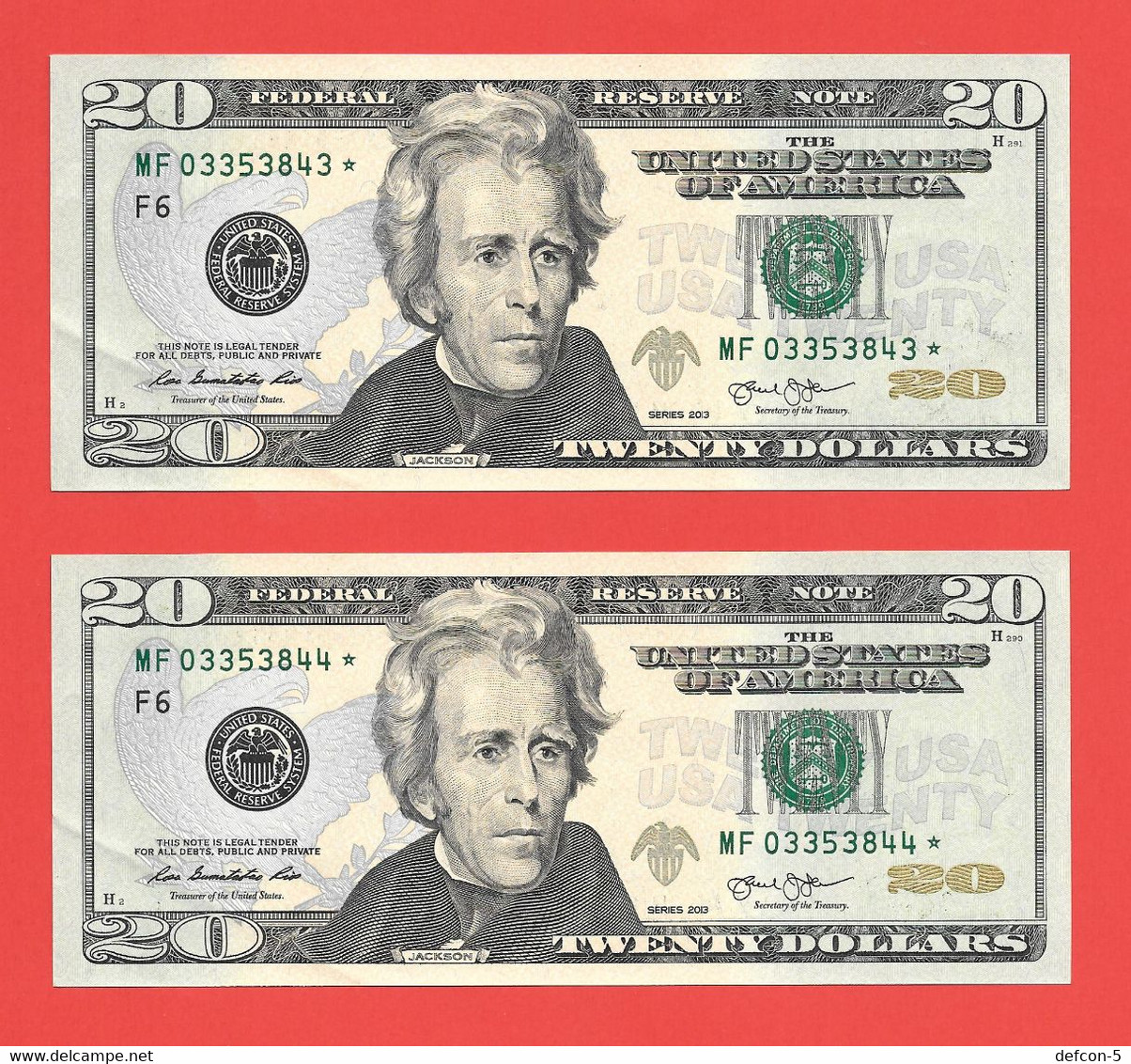 Mega Top-Rarität ! STAR-Note: 2x 20 US-Dollar Fortlaufend [2013] > MF03353843* < 2. Lauf Mit 320.000 {$006-020} - National Currency