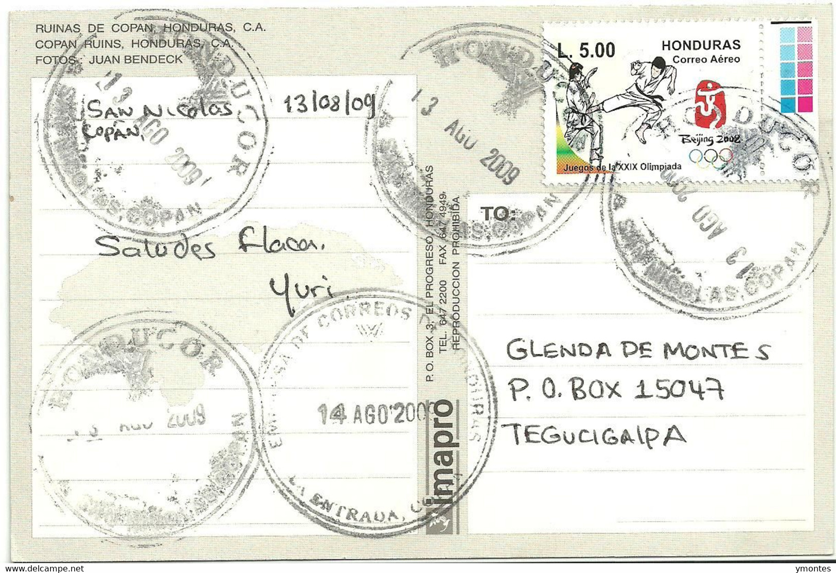 Circulated San Nicolas Copan To Tegucigalpa 2009, Olympic Games Beijing 2008 Stamp - Honduras
