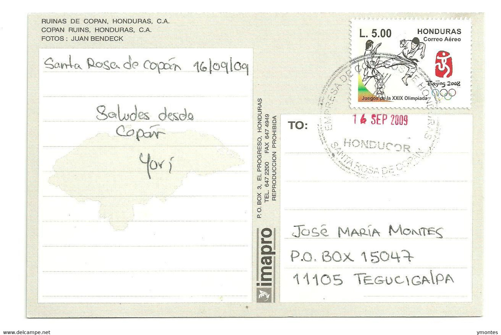 Circulated Santa Rosa De Copan To Tegucigalpa 2009, Olympic Games Beijing 2008 Stamp - Honduras