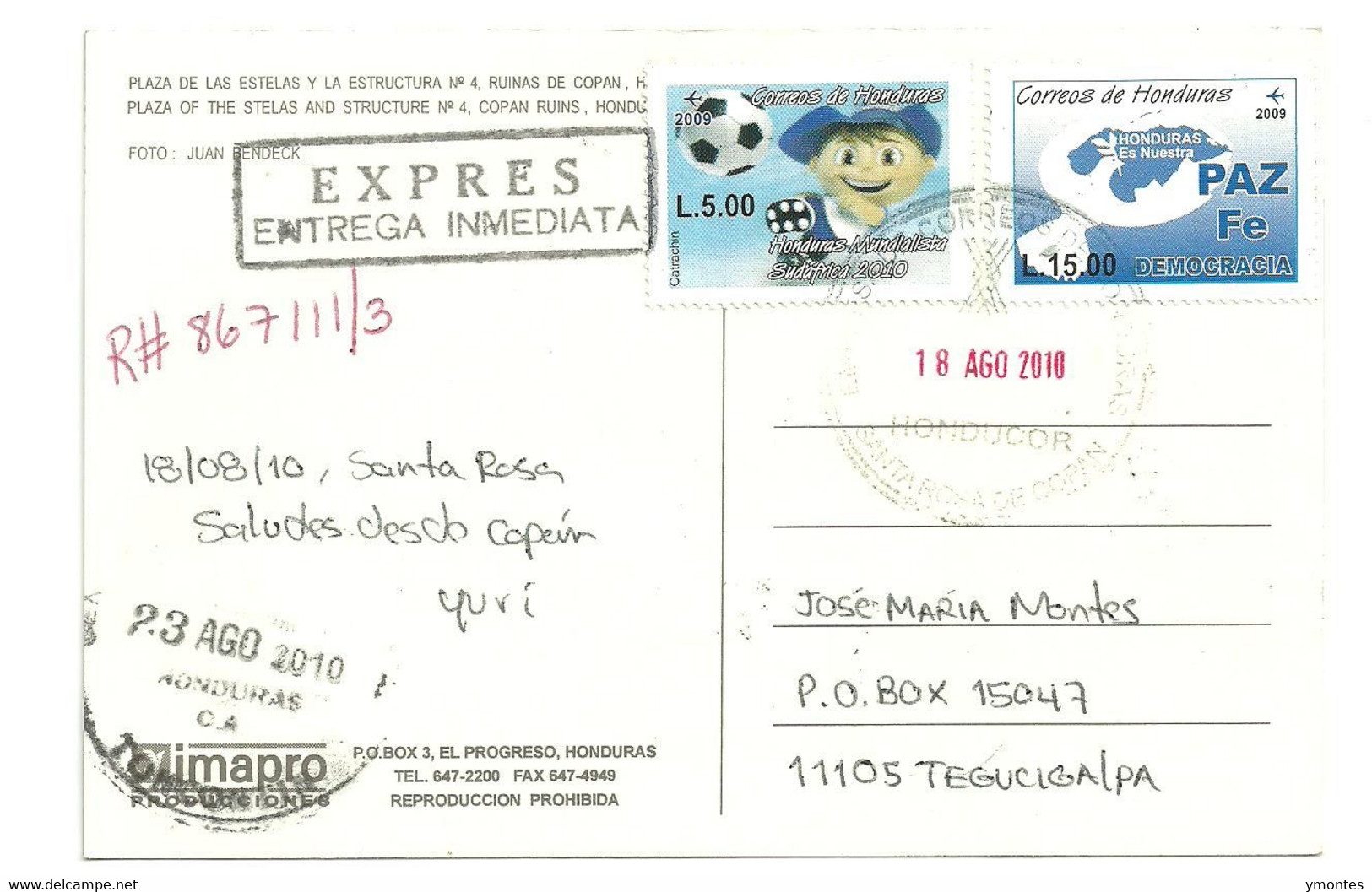 Circulated Santa Rosa De Copan To Tegucigalpa 2010, World Soccer South Africa 2010 - Honduras