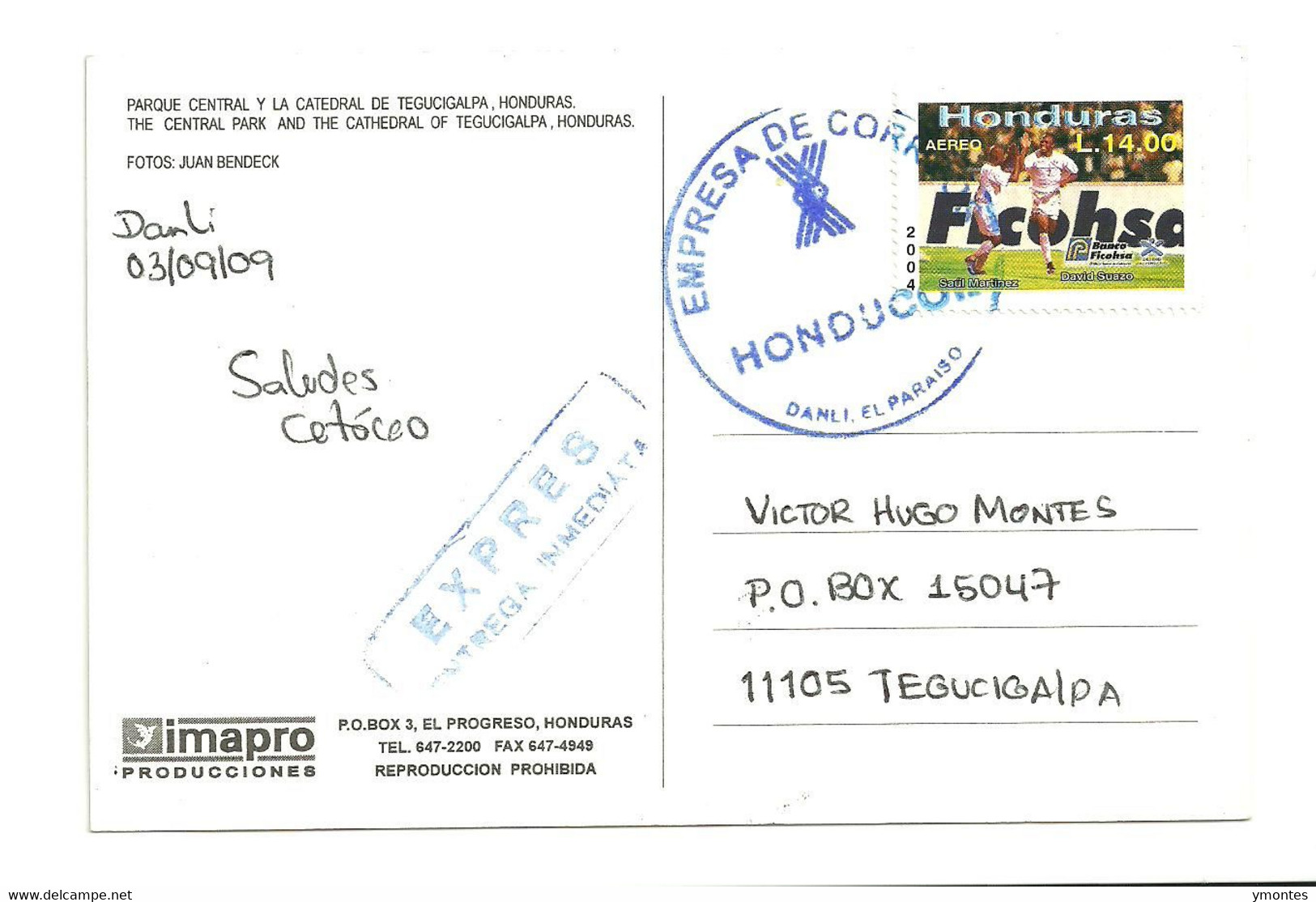 Circulated Danli To Tegucigalpa 2009 , Soccer Stamp - Honduras