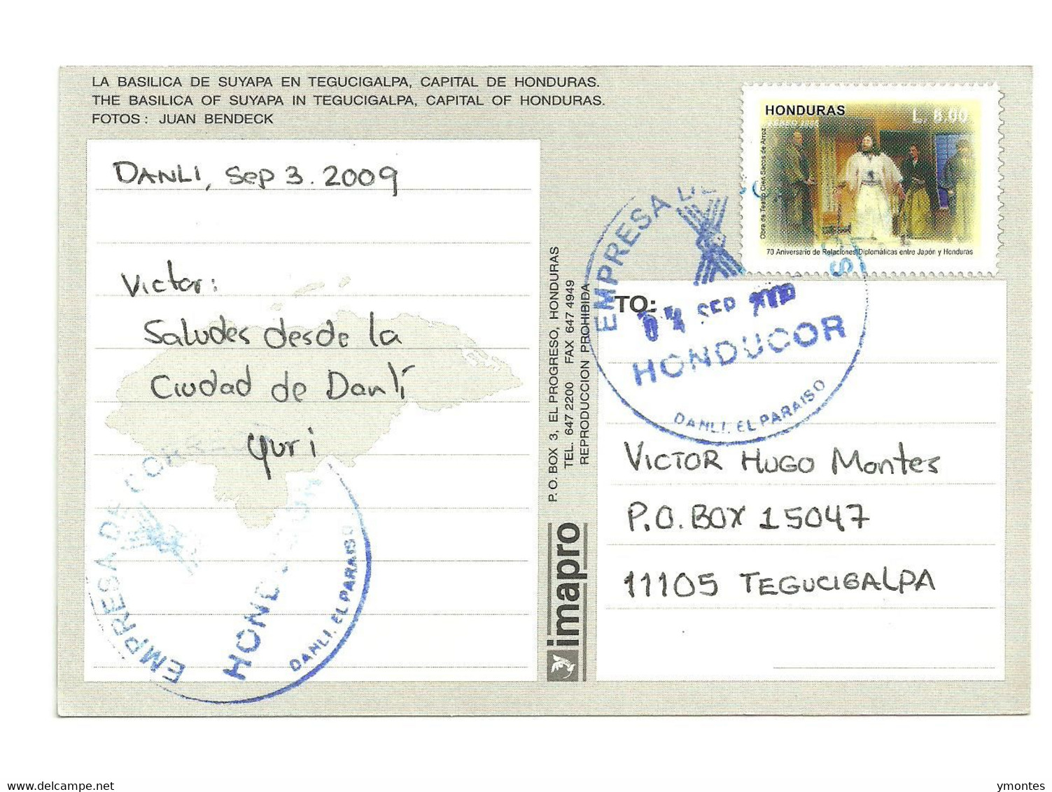 Circulated Danli To Tegucigalpa 2009 , Theater In Japan Stamp - Honduras