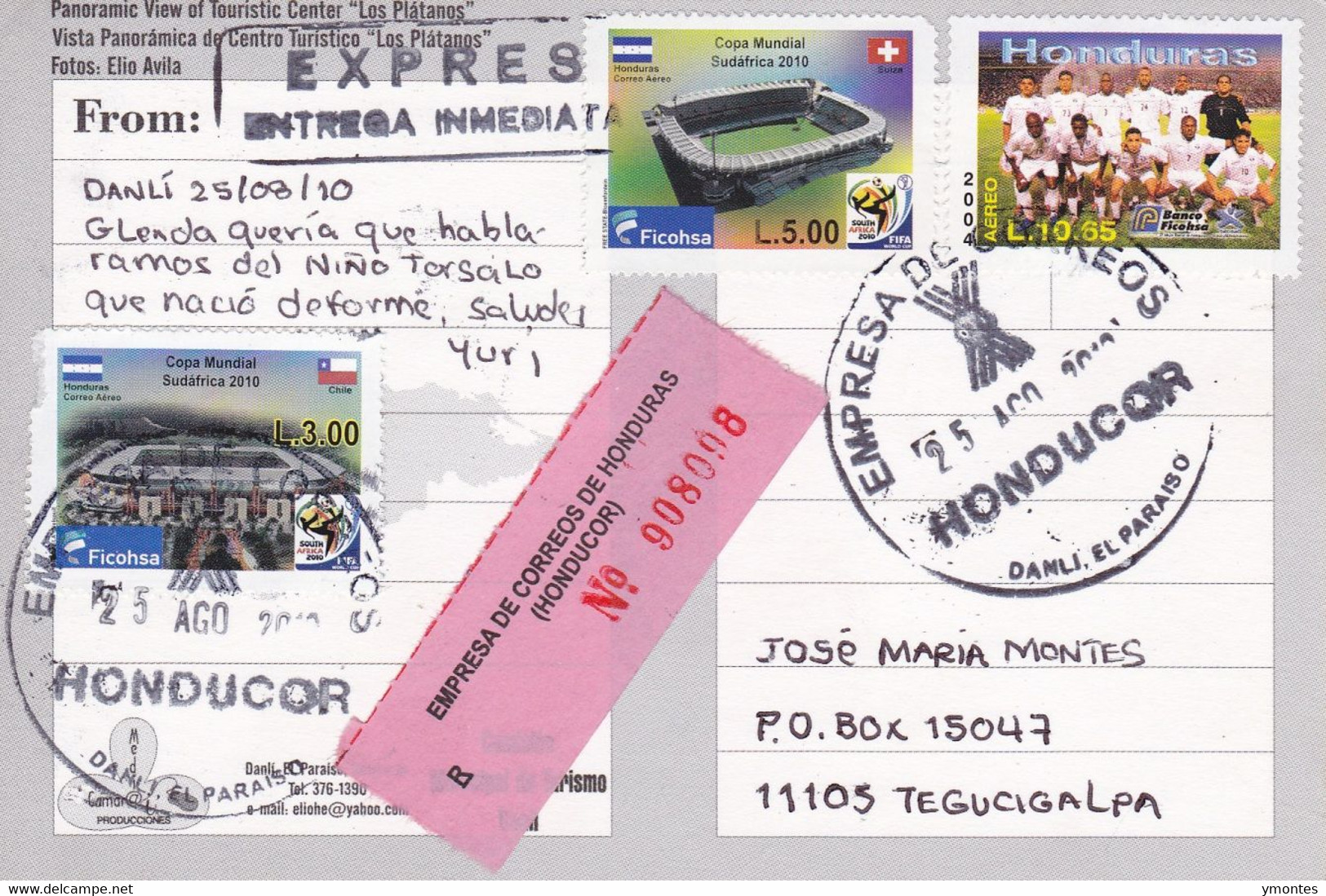 Circulated Danli To Tegucigalpa 2010, World Soccer South Africa 2010 ,Switzerland And Chile Flag Stamp - Honduras