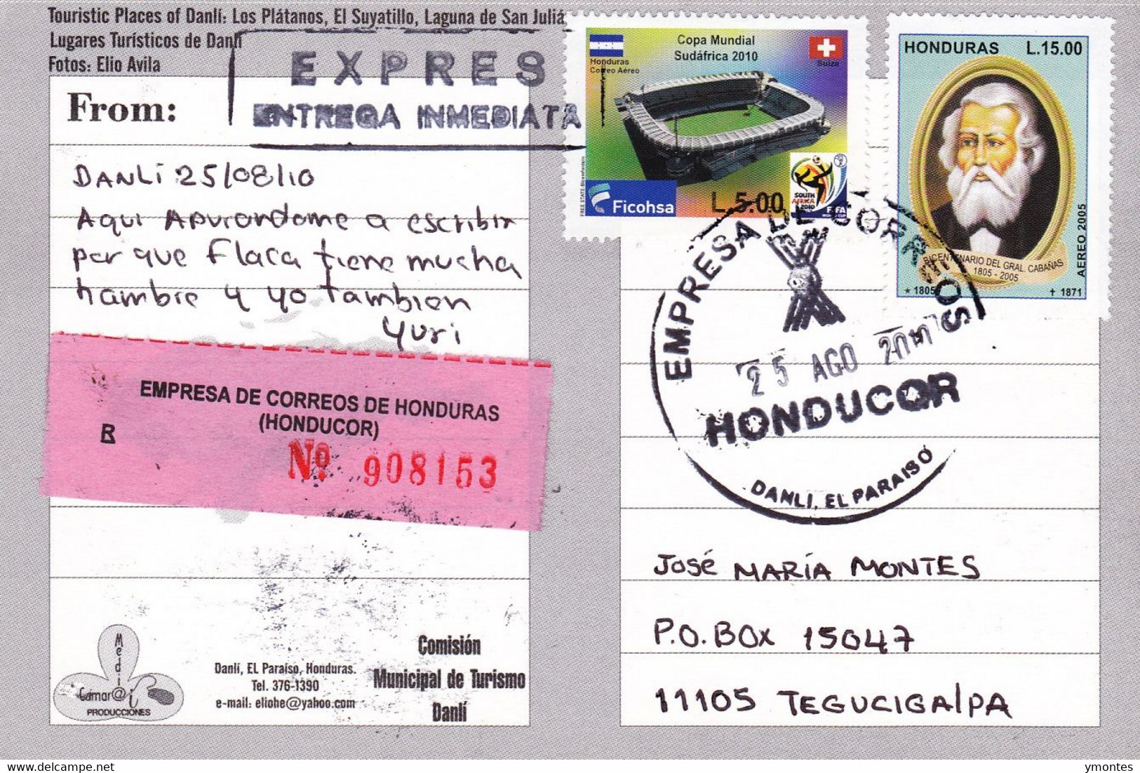 Circulated Danli To Tegucigalpa 2010, World Soccer South Africa 2010 And Chile Flag Stamp - Honduras