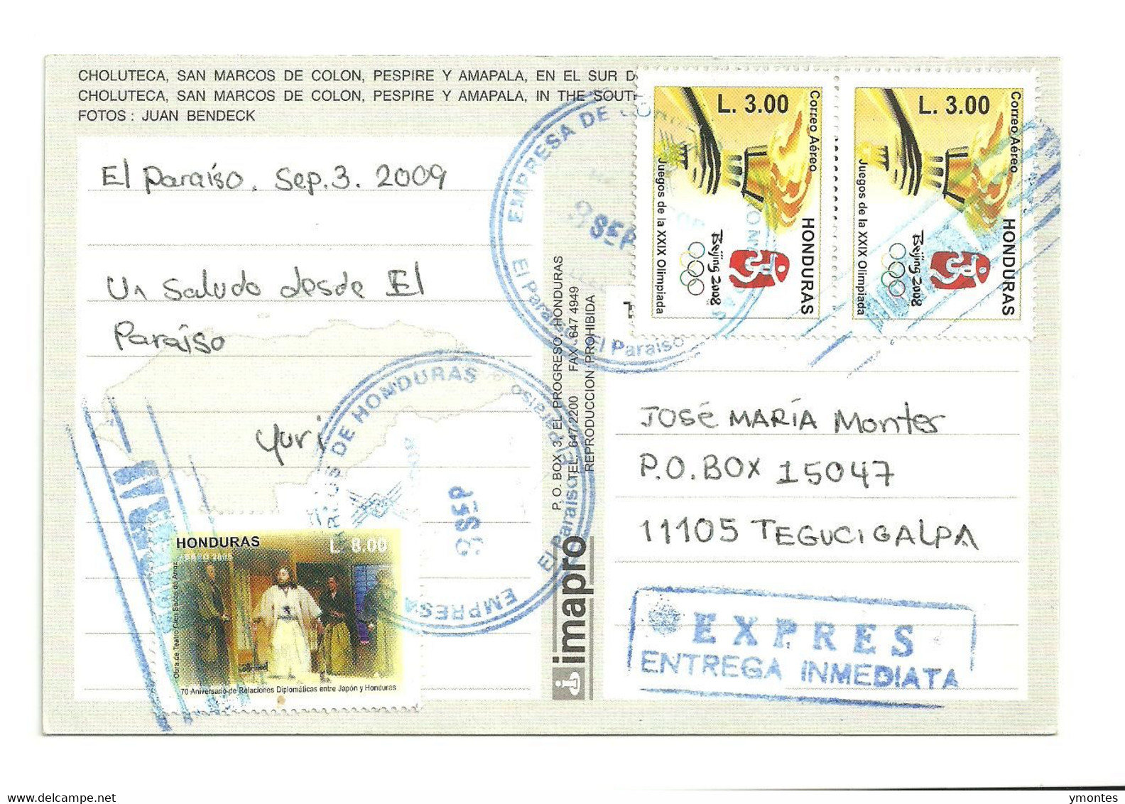 Circulated El Paraiso To Tegucigalpa 2009, Olympic Games Beijing 2008 Stamp - Honduras