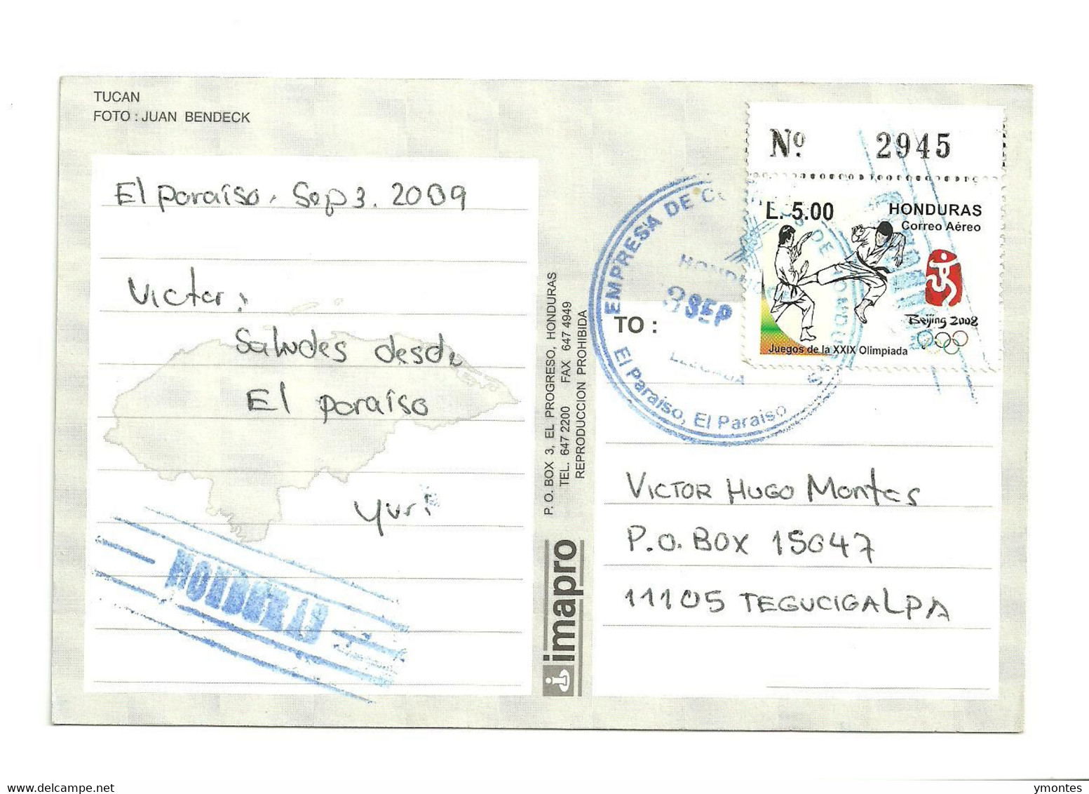 Circulated El Paraiso To Tegucigalpa 2009, Olympic Games Beijing 2008 Stamp - Honduras