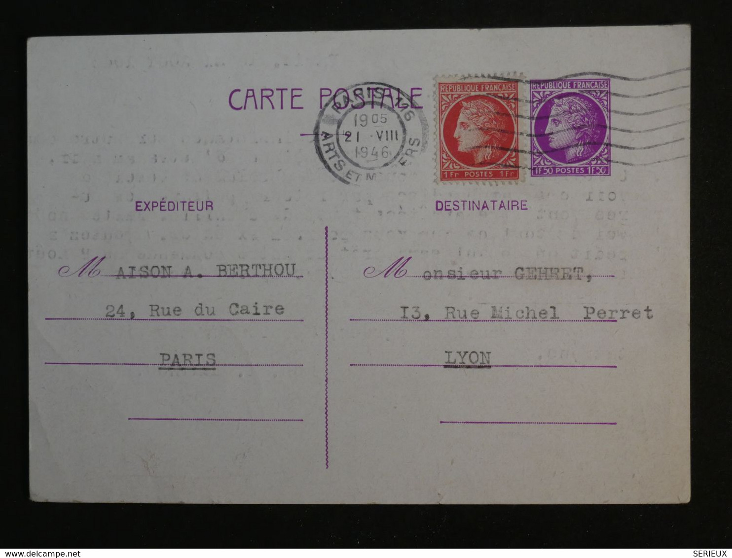 AO17 FRANCE BELLE CARTE ENTIER  1946 PARIS  A LYON + ++ AFFRANCH. INTERESSANT ++ - Other & Unclassified