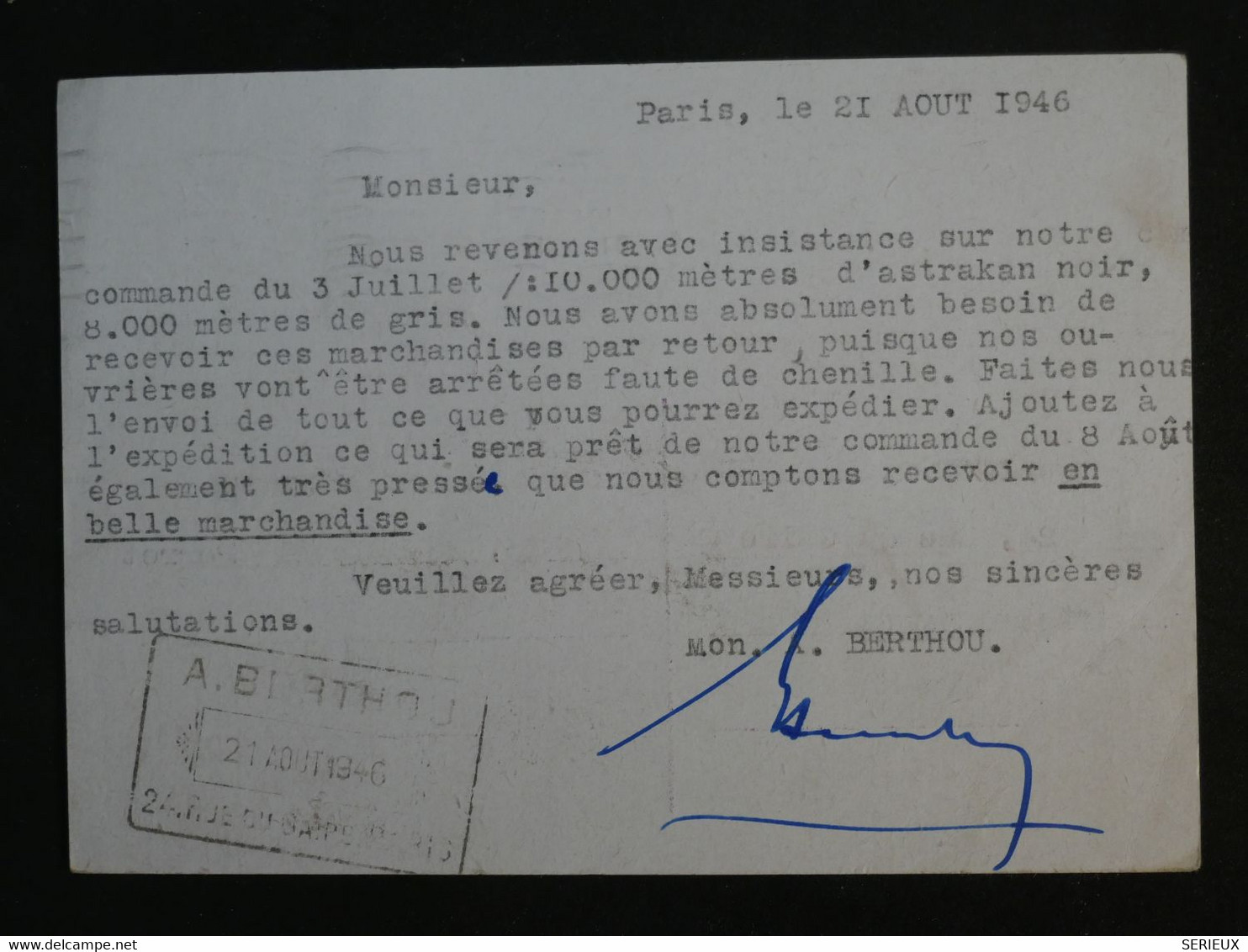 AO17 FRANCE BELLE CARTE ENTIER  1946 PARIS  A LYON + ++ AFFRANCH. INTERESSANT ++ - Altri & Non Classificati