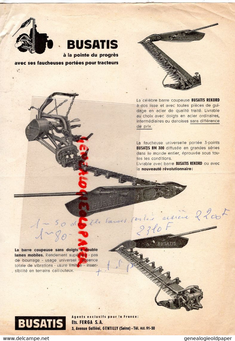 94- GENTILLY- PUBLICITE BUSATIS ETS. FERGA -3 AVENUE GALLIENI- AGRICULTURE FAUCHEUSE TRACTEUR - Landwirtschaft