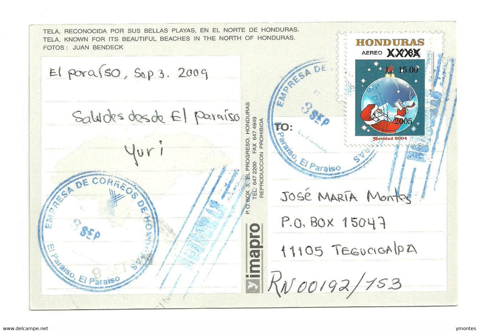 Circulated El Paraiso To Tegucigalpa 2009, Christmas 2005 Overprint Stamp - Honduras