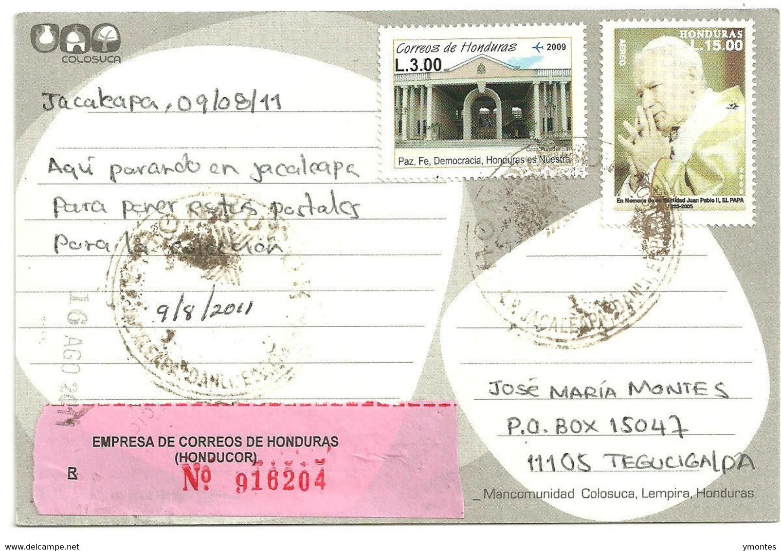 Circulated Jacaleapa El Paraiso To Tegucigalpa 2011, John Paul II Stamp - Honduras