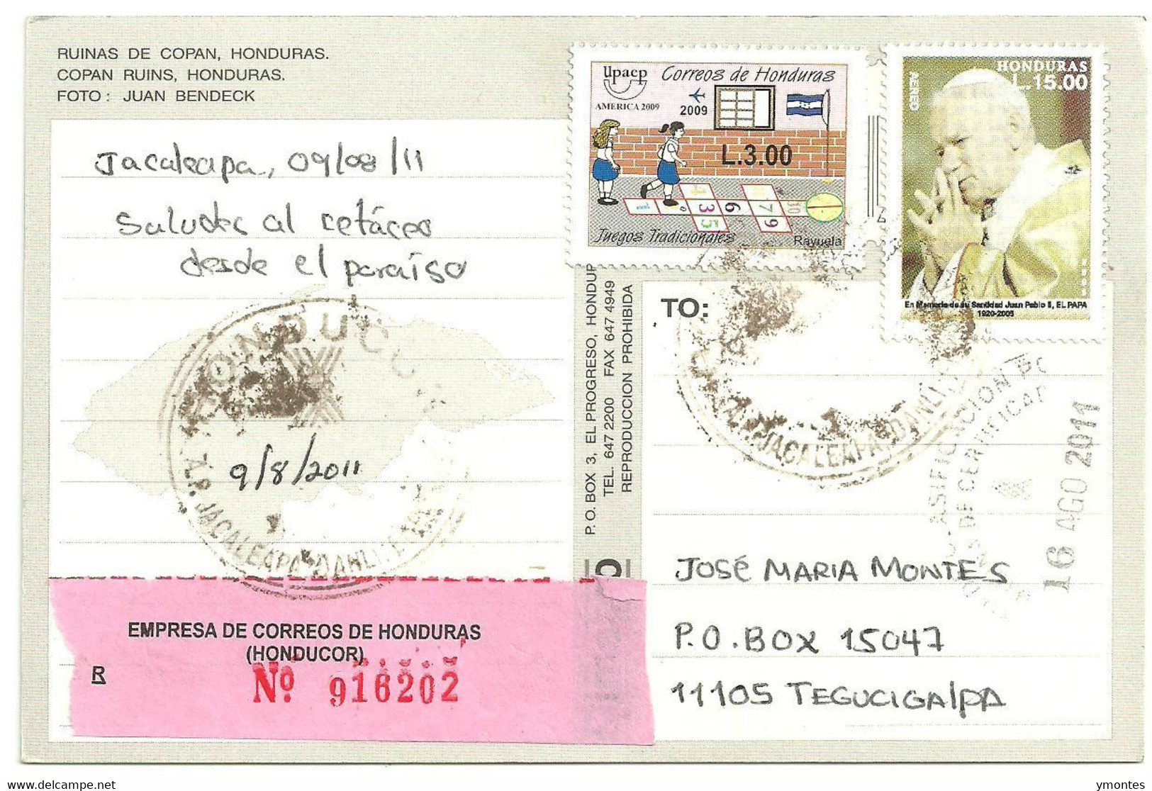 Circulated Jacaleapa El Paraiso To Tegucigalpa 2011, John Paul II Stamp - Honduras