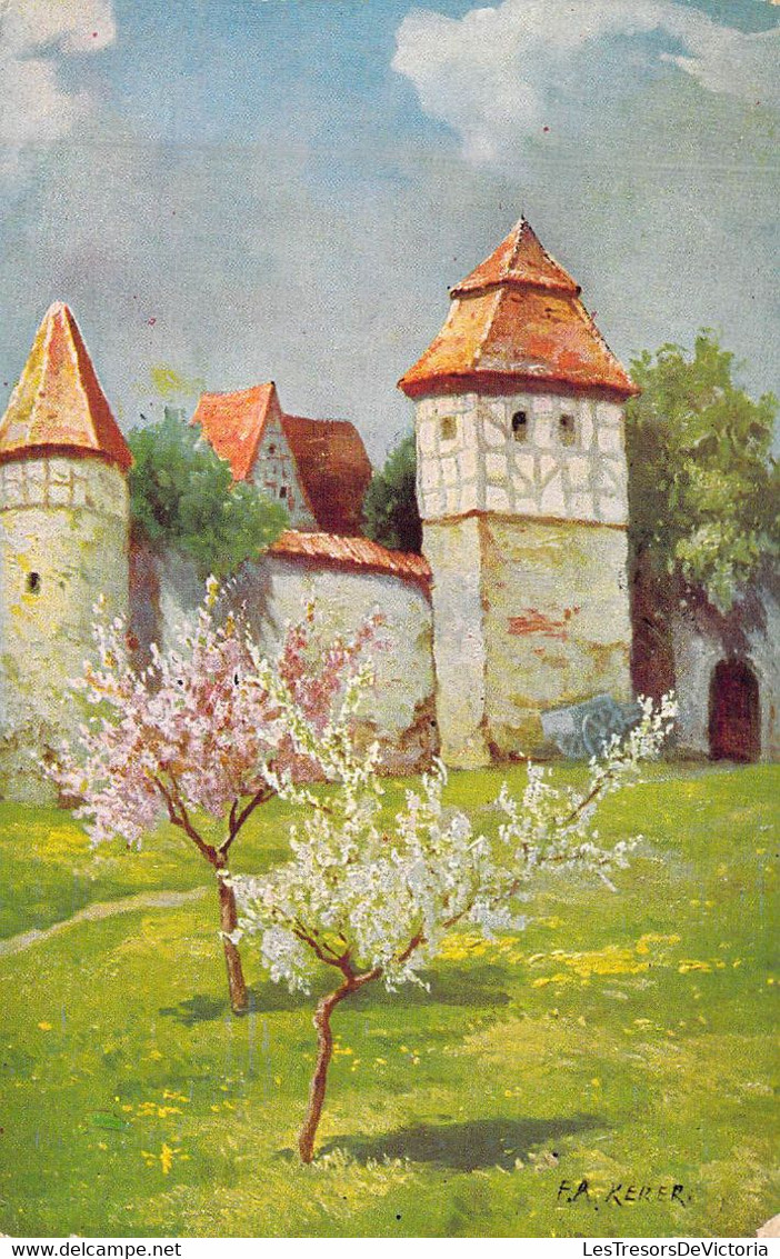 Fantaisie - Illustrateurs Signée - Château - Charrette - Arbres Roses Et Blancs - F.A KERER -  Carte Postale Ancienne - Otros & Sin Clasificación