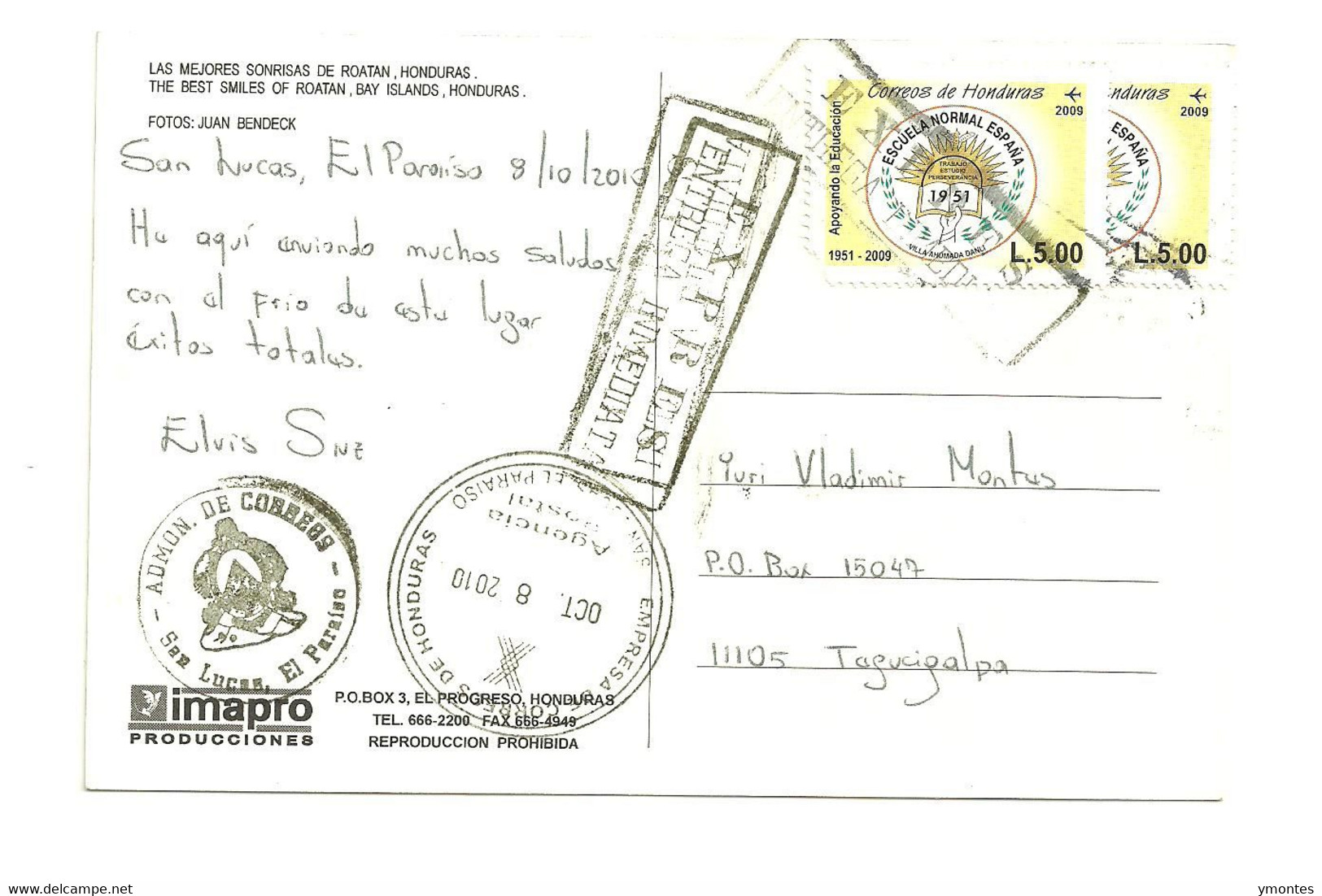 Circulated San Lucas El Paraiso To Tegucigalpa 2010 , Spain School Stamps - Honduras