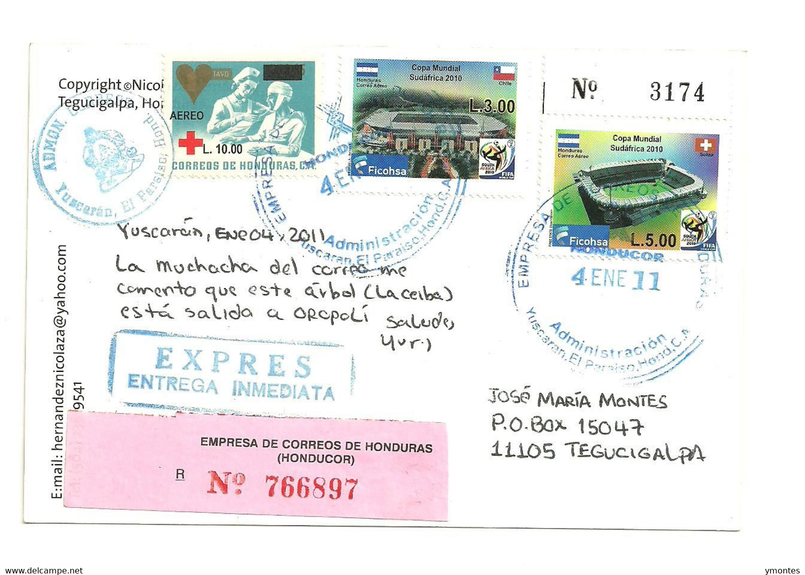 Circulated Yuscaran To Tegucigalpa 2011, World Soccer South Africa 2010 , Chile And Switzerland Flag Stamps - Honduras