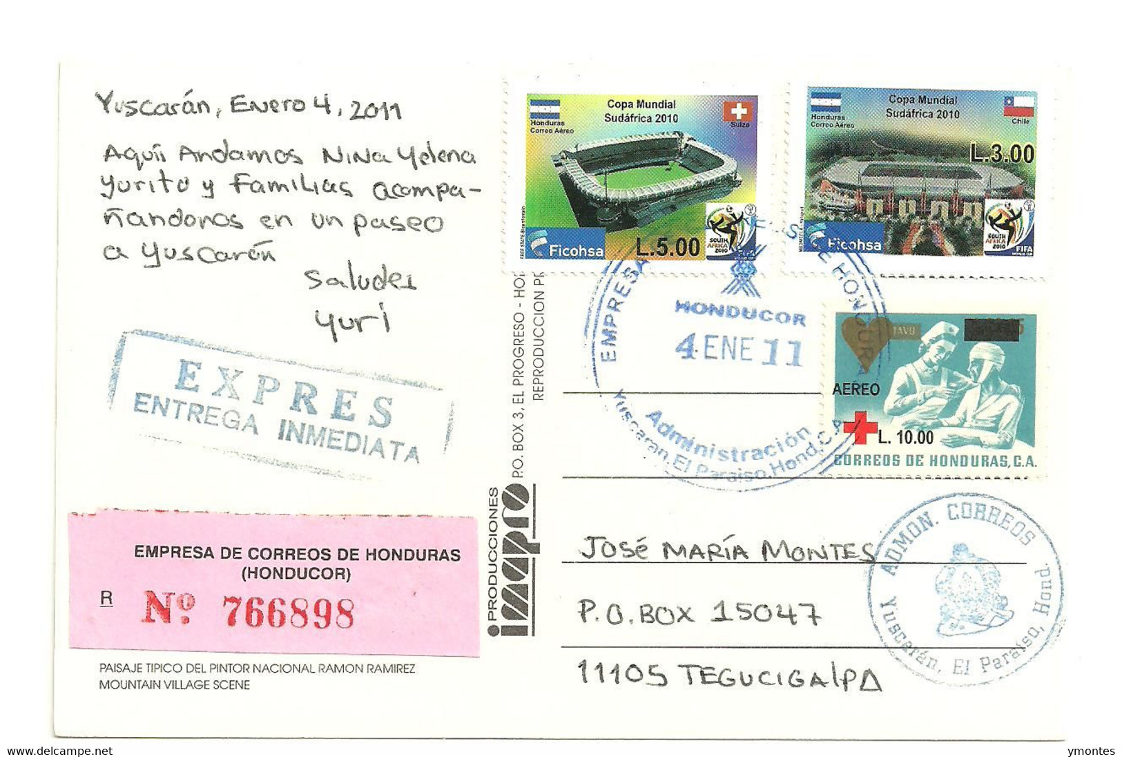 Circulated Yuscaran To Tegucigalpa 2011, World Soccer South Africa 2010 , Chile And Switzerland Flag Stamps - Honduras