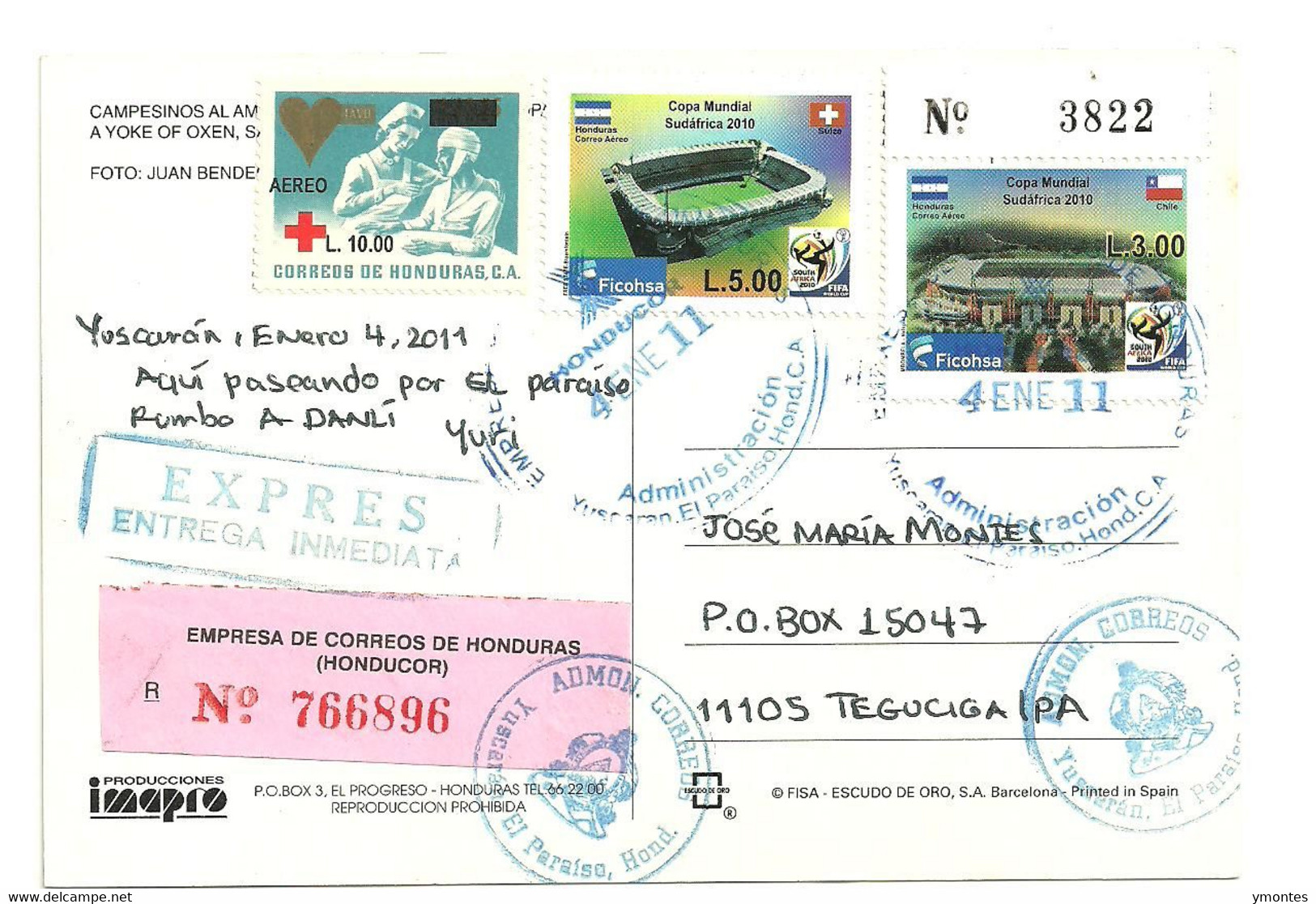 Circulated Yuscaran To Tegucigalpa 2011, World Soccer South Africa 2010 , Chile And Switzerland Flag Stamps - Honduras