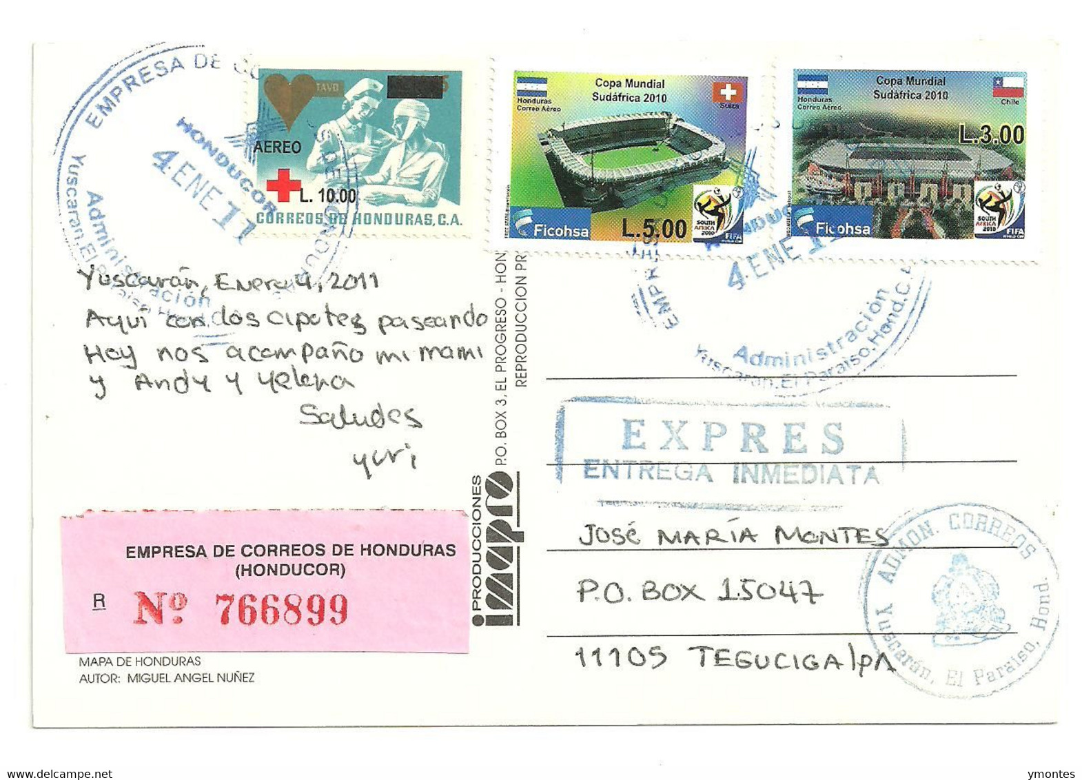 Circulated Yuscaran To Tegucigalpa 2011, World Soccer South Africa 2010 , Chile And Switzerland Flag Stamps - Honduras