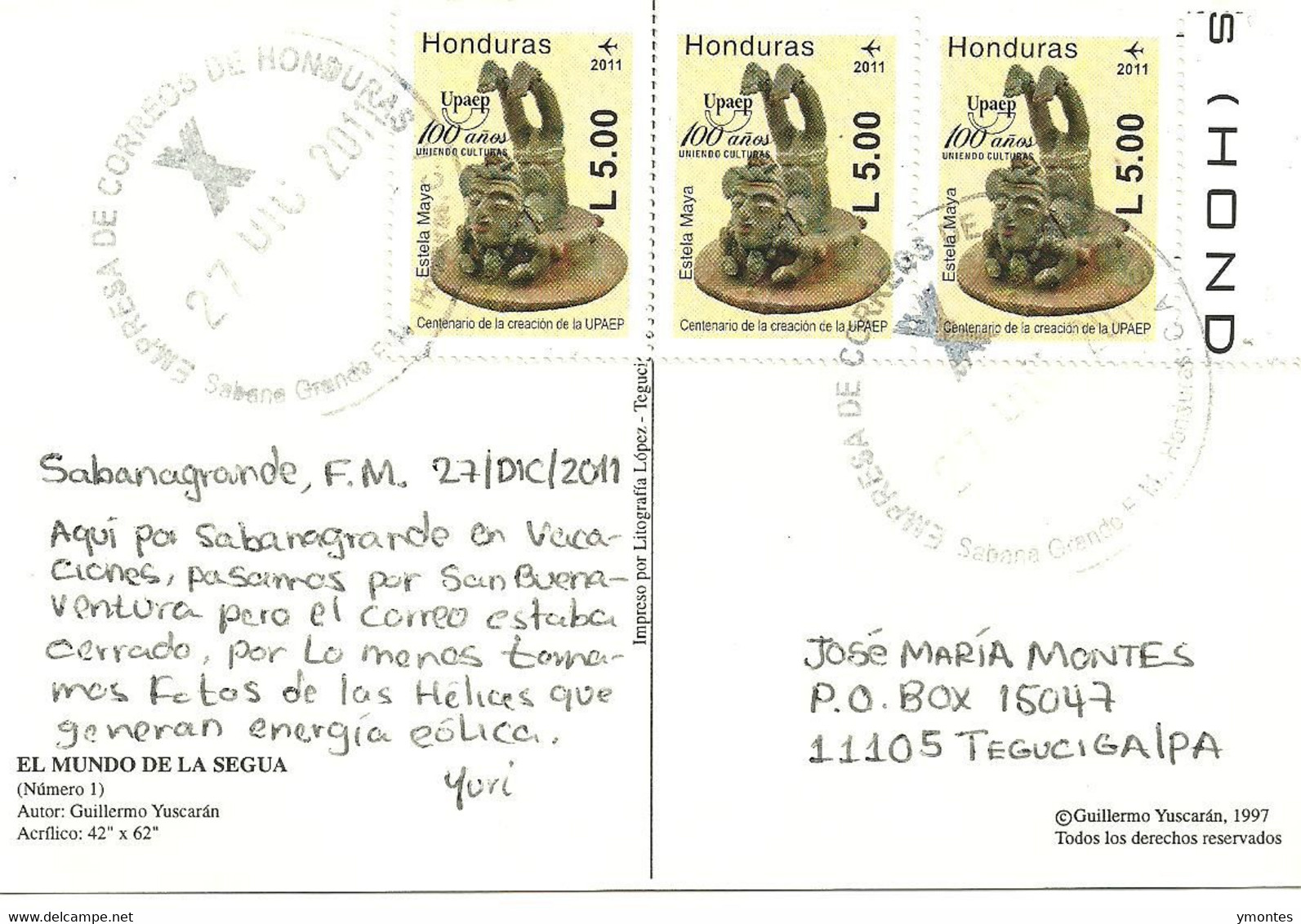 Circulated Sabana Grande To Tegucigalpa 2011, UPAEP 2011 Stamps - Honduras