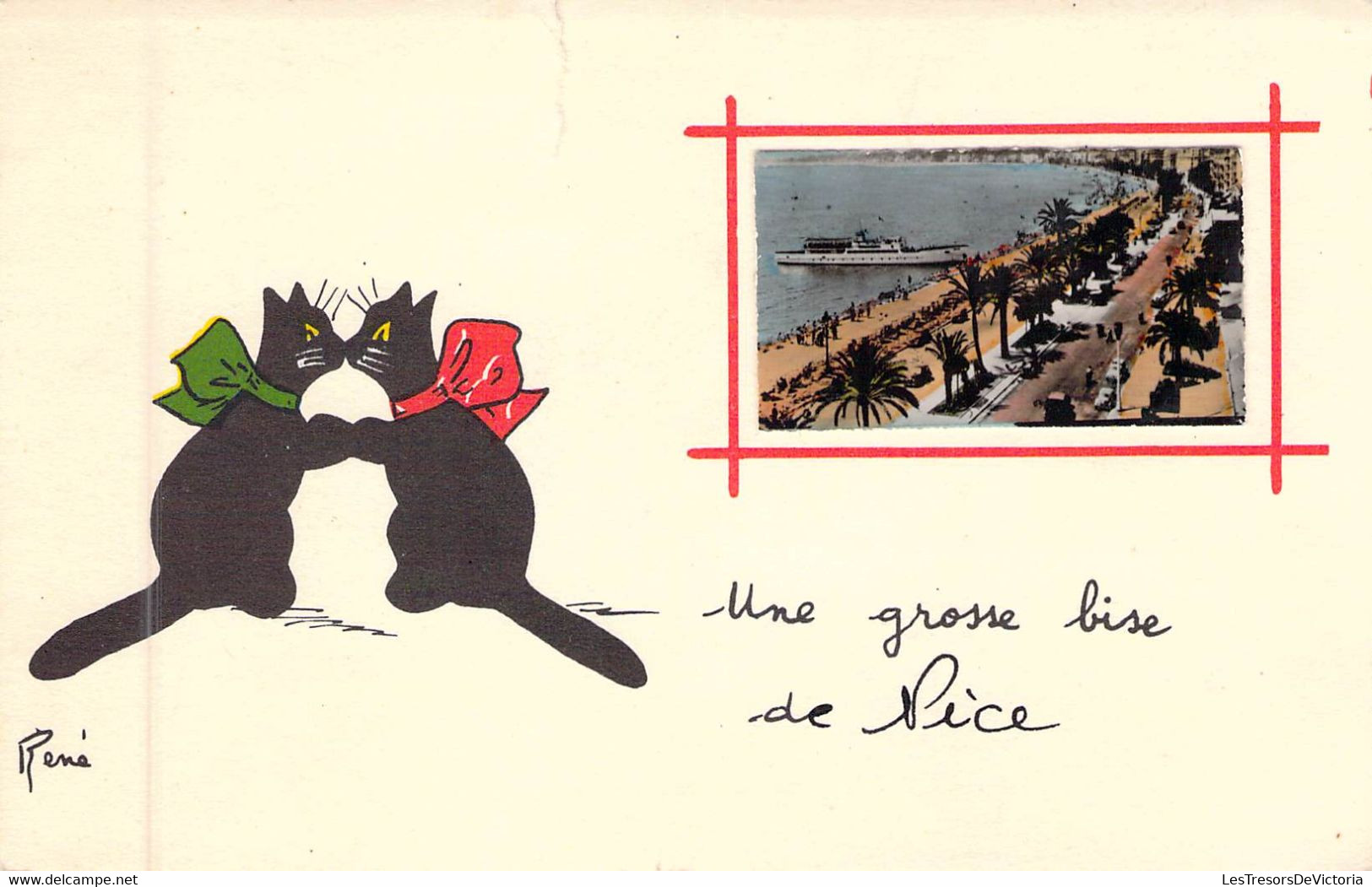 Fantaisie - Illustrateurs Signée - Encart De Nice - Chats S'embrasse - Carte Arrachée - René -  Carte Postale Ancienne - Other & Unclassified