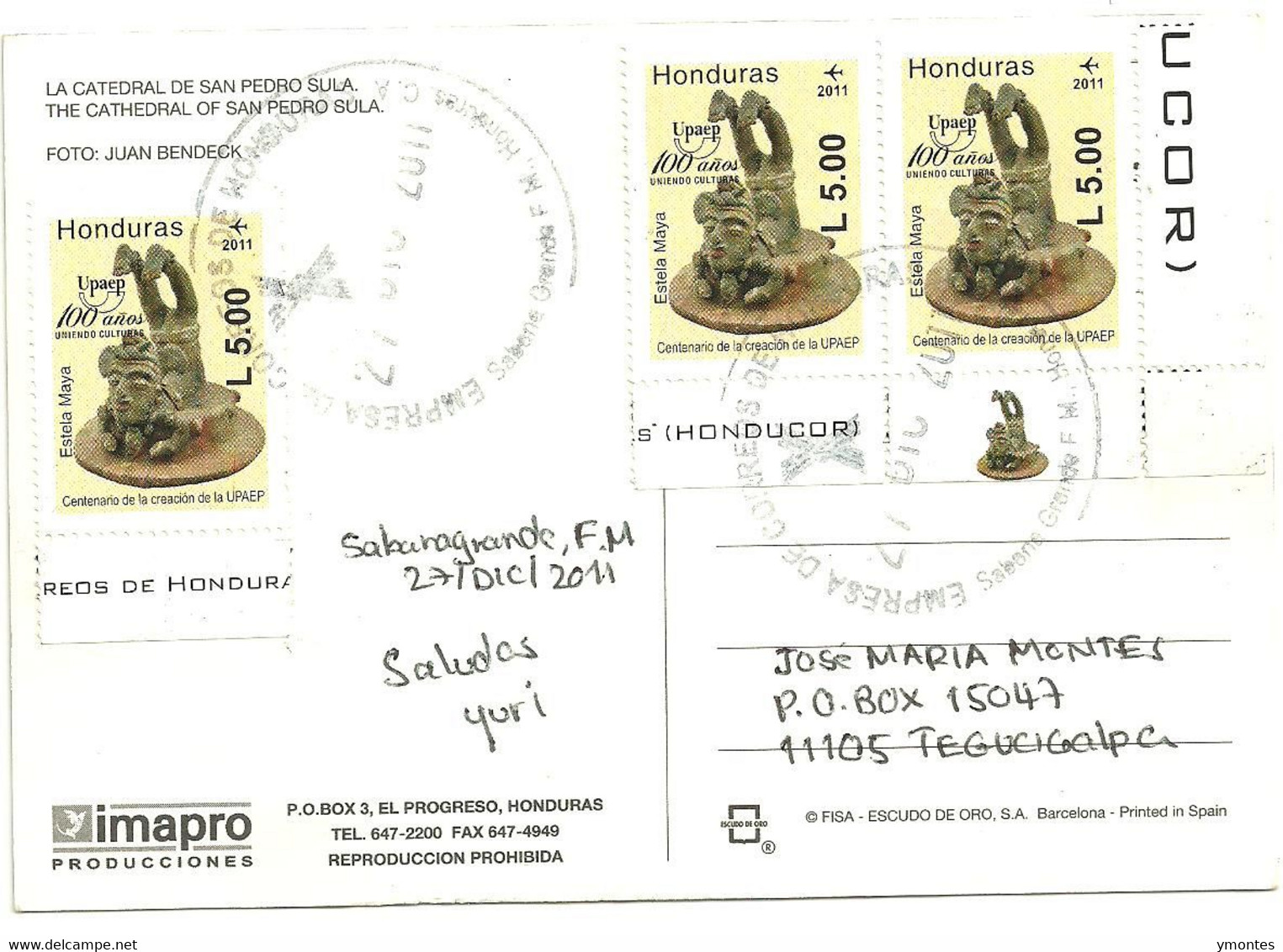 Circulated Sabana Grande To Tegucigalpa 2011, UPAEP 2011 Stamps - Honduras