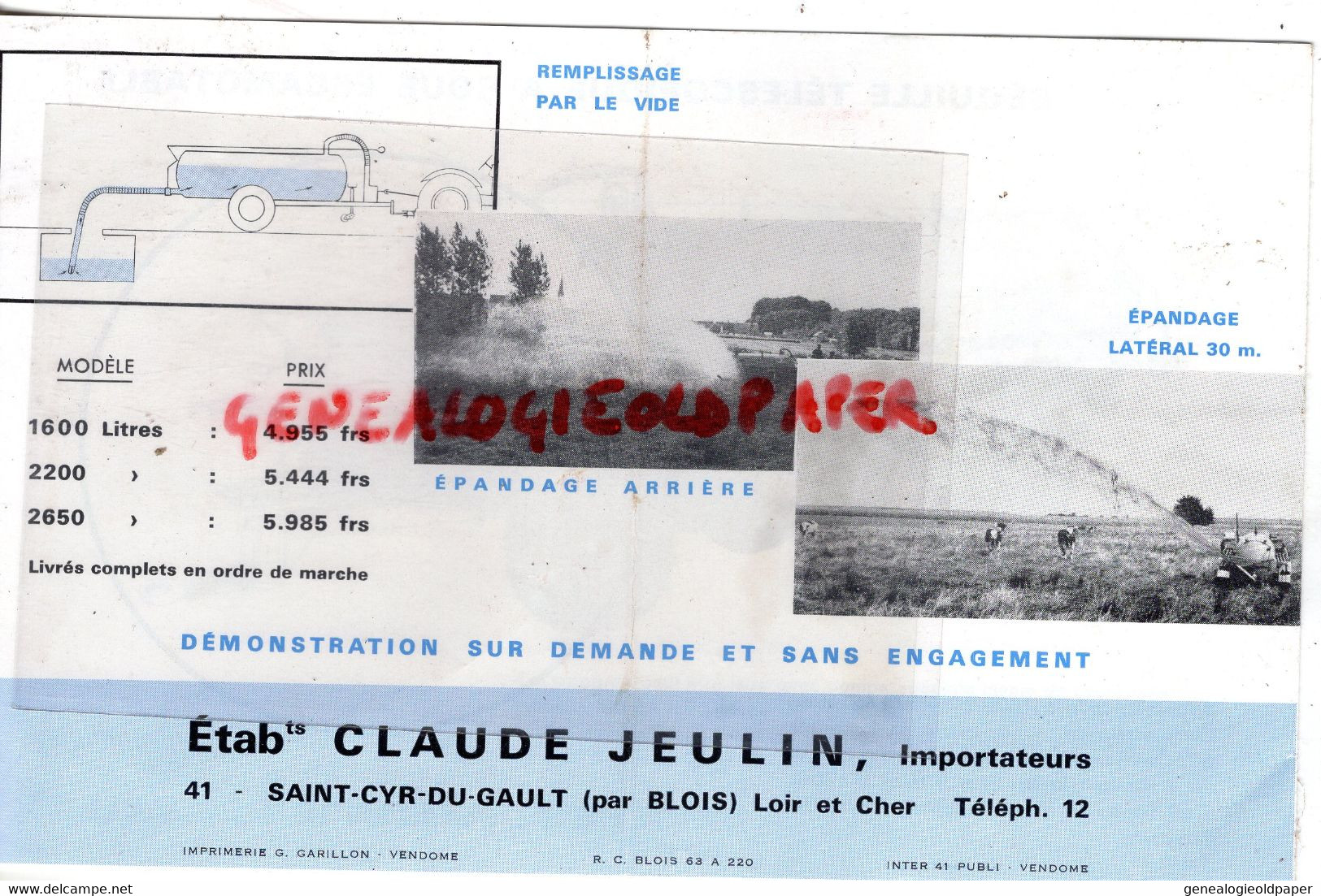 41-ST SAINT CYR DU GAULT PAR BLOIS-DEPLIANT CLAUDE JEULIN- AGRICULTURE EPANDEUR CARRO-BOTTE-IMPRIMERIE GARILLON VENDOME - Agriculture