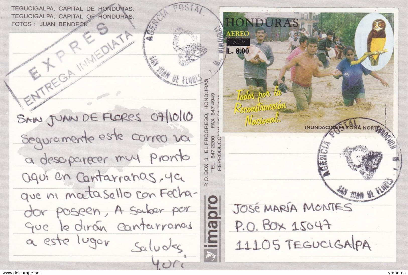 Circulated San Juan De Flores( CANTARRANAS) To Tegucigalpa 2010 ( OWL Stamps ) - Honduras